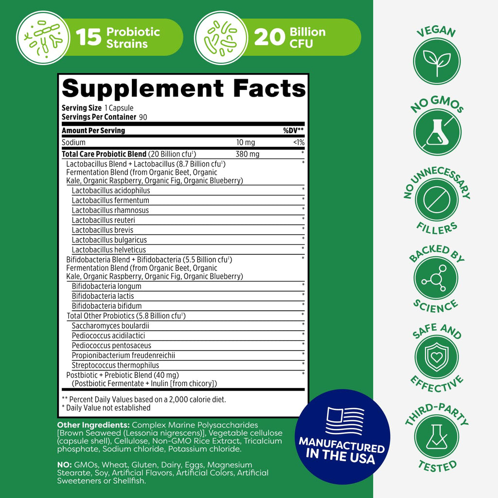 Probulin Total Care Probiotic Supplement, Daily Gut, Digestive, and Immune Health Probiotics Capsules for Men and Women, 20 Billion CFU, Vegan, 90 Count Bottle
