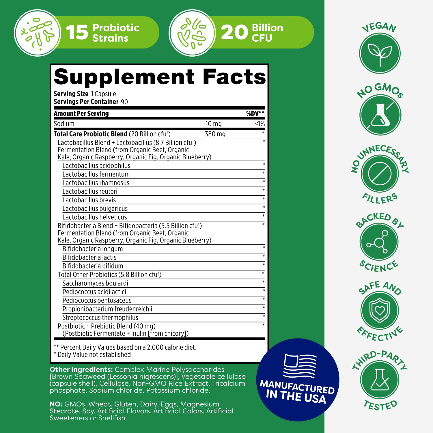 Probulin Total Care Probiotic Supplement, Daily Gut, Digestive, and Immune Health Probiotics Capsules for Men and Women, 20 Billion CFU, Vegan, 90 Count Bottle