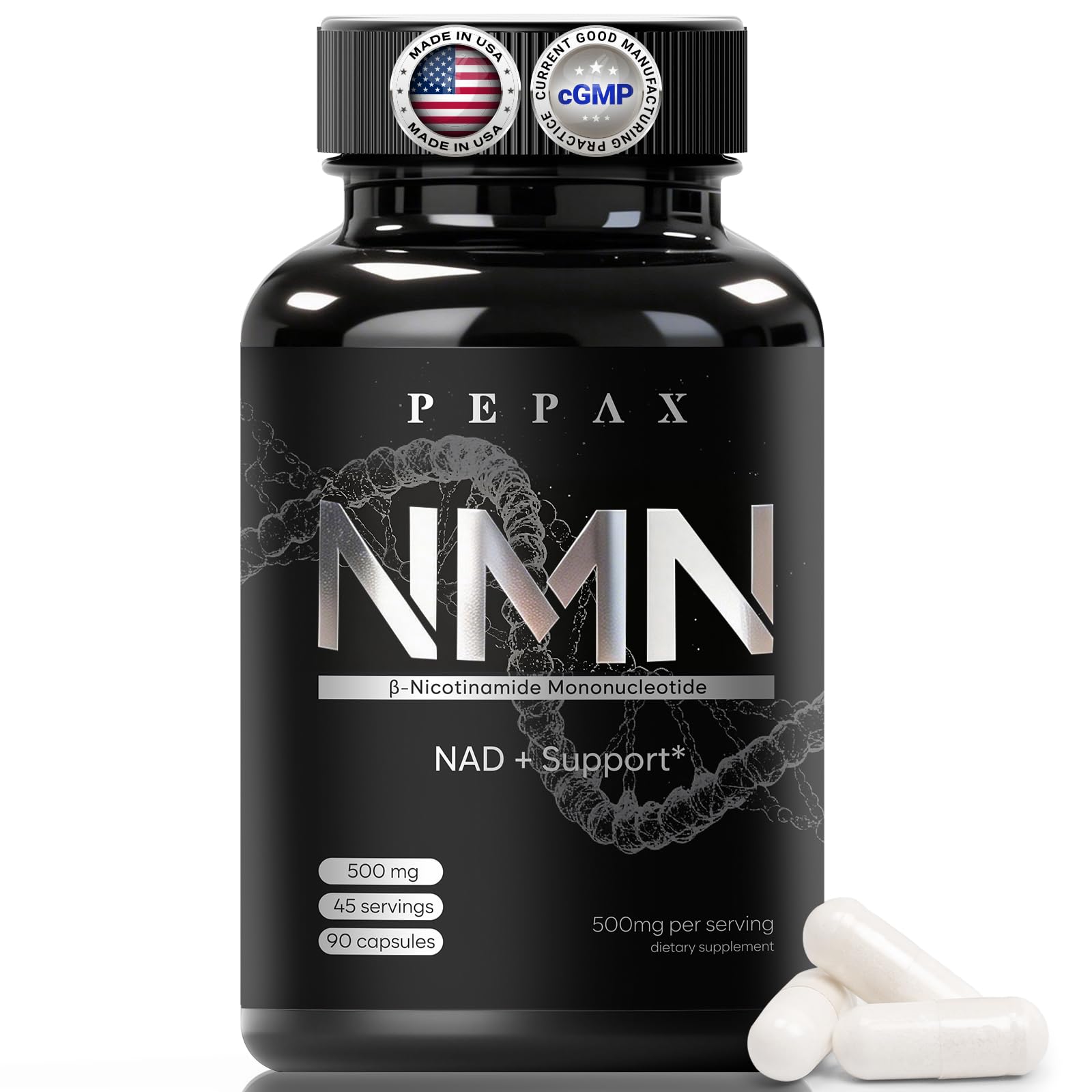 PEPAX NMN Supplement 500mg - 99% Pure NMN Supplement Capsules for Increased NAD Levels & Healthy Aging - Third Party Tested Stabilized Capsules, cGMP Certified, 90 Liposomal NMN (45 Servings) PEPAX Au supplements