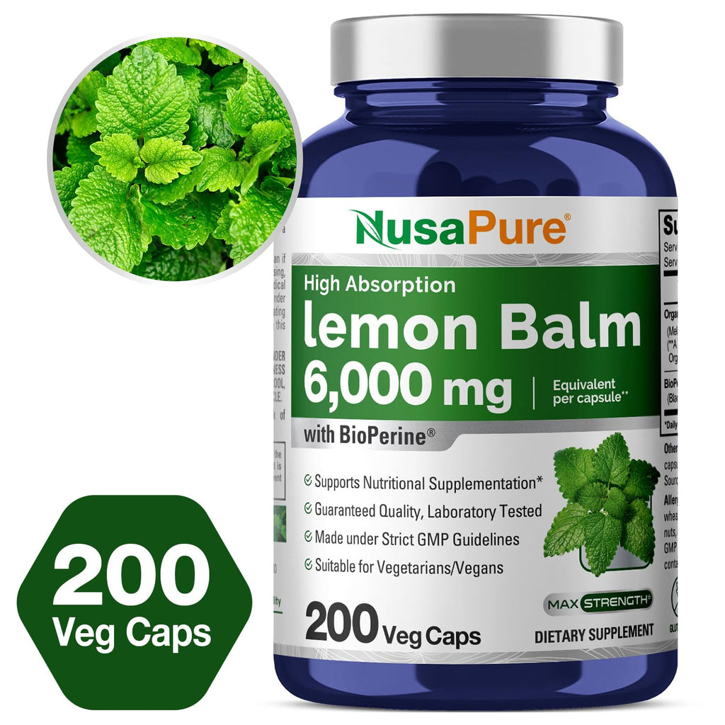 NusaPure Lemon Balm 30:1 Extract, 200 mg Equivalent to 6000mg Per Vegan Caps - 200 Count Non-GMO, Vegan Bioperine NusaPure Au supplements