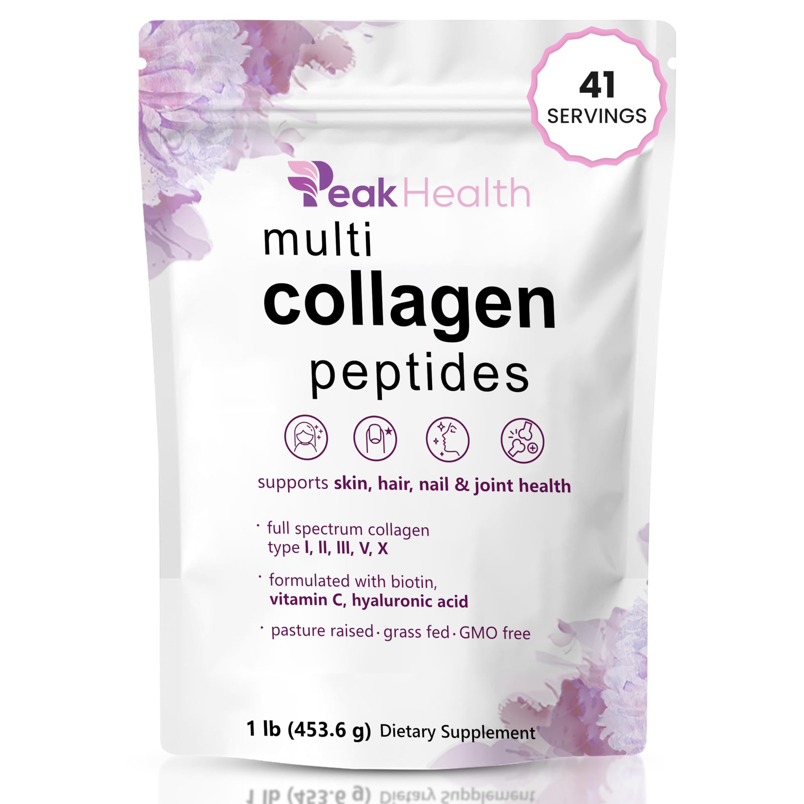 Multi Collagen Peptides Powder, 1 Pounds collagen powder- Type I,II,III,V,X with Biotin 10000mcg, Hyaluronic acid powder, Vitamin C - Unflavored Collagen Protein Powder
