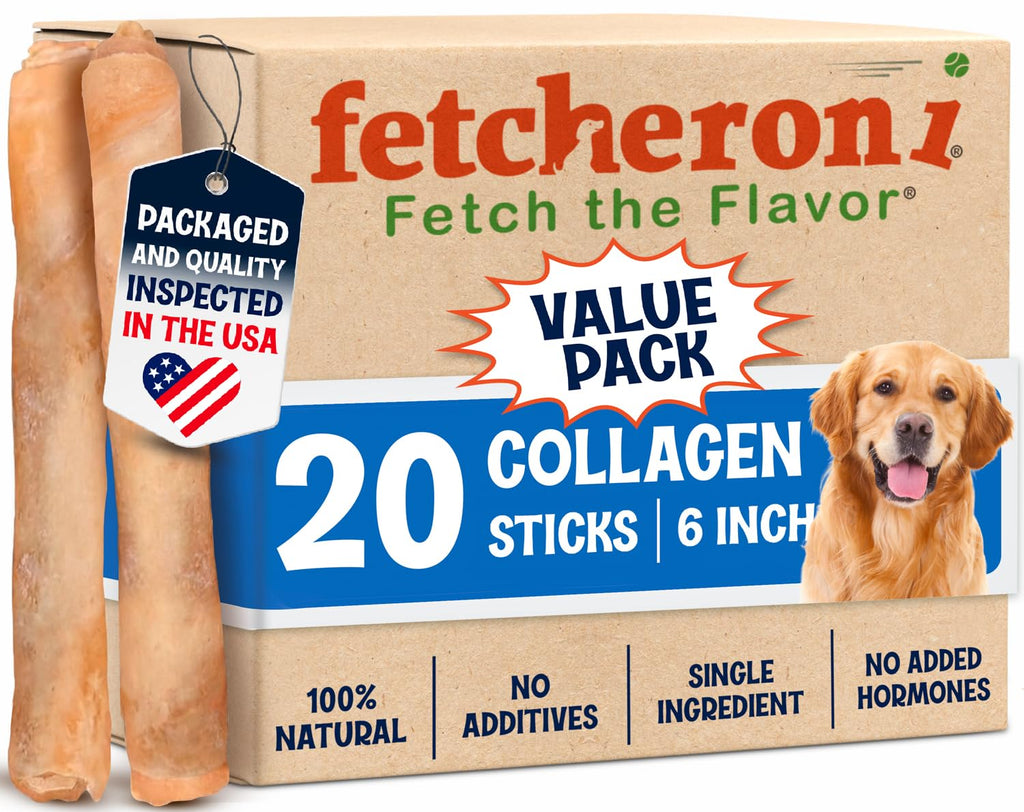 FETCHERONI 6" Collagen Sticks for Dogs – Low Odor Long-Lasting Bully Stick & Rawhide Alternative, Single Ingredient Beef Bone, High Protein Dental Treat, Vet Approved, Improves Joint Health – 20 Pack FETCHERONI Au supplements