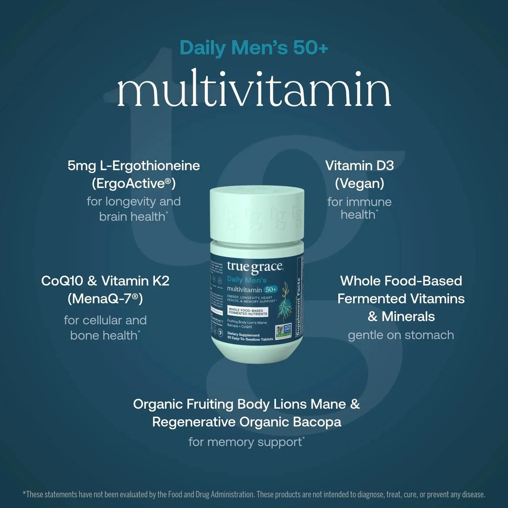 True Grace Daily Men’s Multivitamin 50+ - 60 Easy-to-Swallow Tablets - Immune, Energy, Longevity & Memory Support True Grace Au supplements