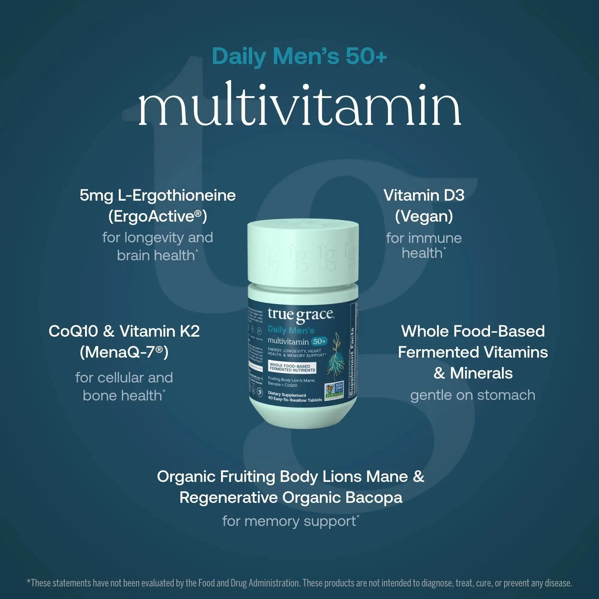 True Grace Daily Men’s Multivitamin 50+ - 60 Easy-to-Swallow Tablets - Immune, Energy, Longevity & Memory Support True Grace Au supplements