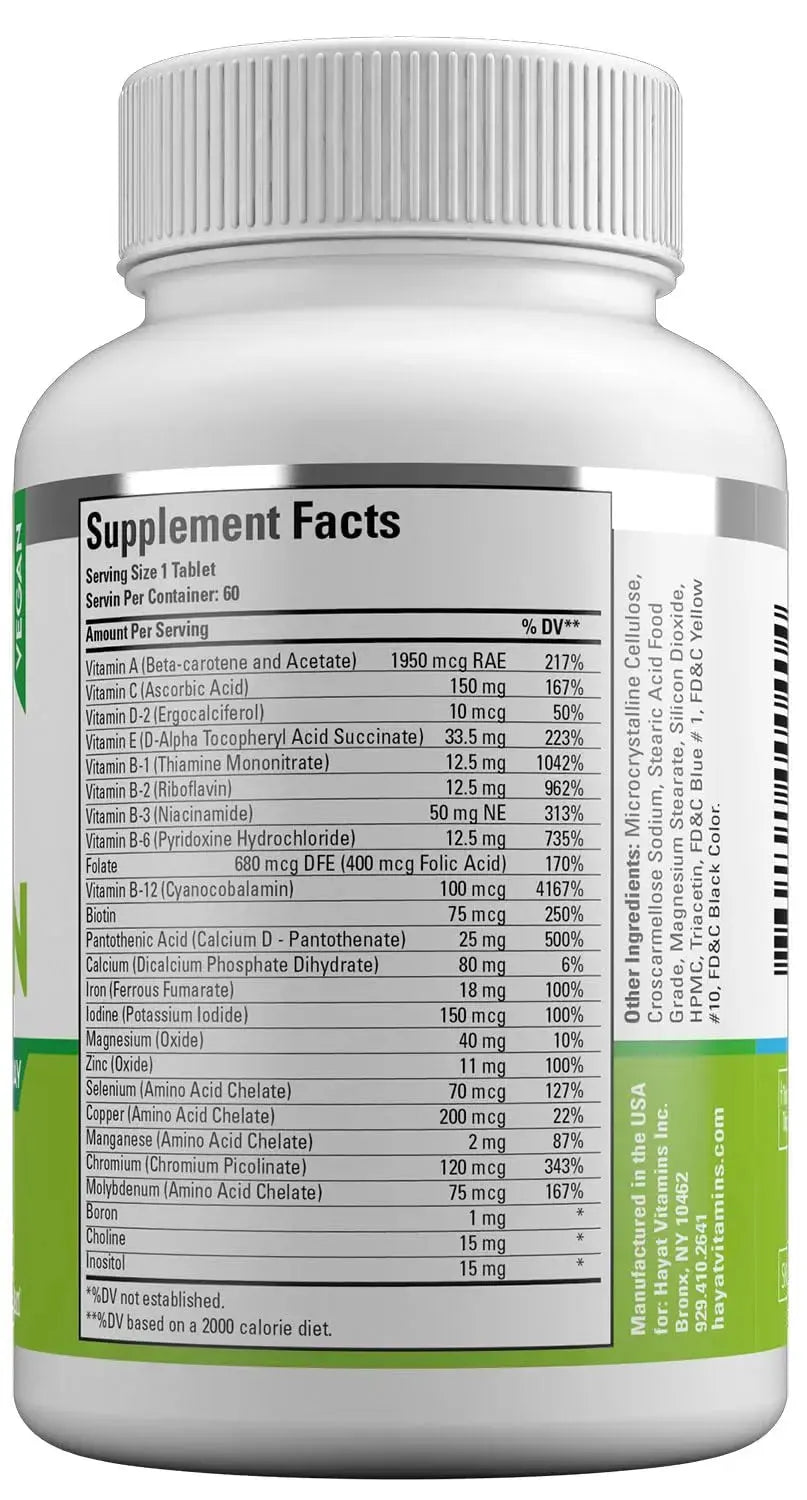 HAYAT Vitamins Vegan Natural Multivitamin, Daily Vitamins with Vitamin A, C, D, E, B1, B2, B3, B6, B12, Biotin, Zinc and More, 2 Month Supply, All Natural HAYAT Au supplements