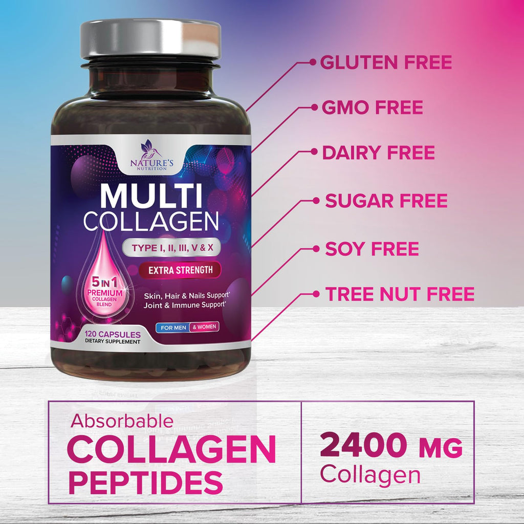Multi Collagen Pills 2400 mg - Advanced Types I, II, III, V, X - Hydrolyzed Multi Collagen Peptides Pills, Collagen Supplements for Women & Men - Hair, Skin, & Nail Support Supplement - 120 Capsules Nature's Nutrition Au supplements
