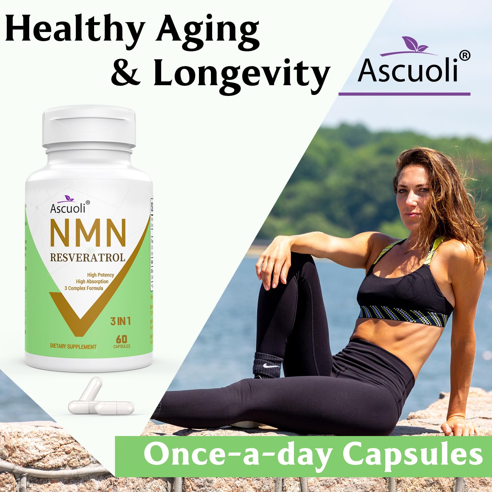 99% Ultra Purity NMN 500mg + Trans-Resveratrol 600mg, 1150mg NMN Resveratrol Supplement, 3-in-1 Advanced Formula for Boost* NAD, Cell, Immune, Energy & Muscle, Healthy Aging, Stabilized Form - 60 Caps Ascuoli Au supplements