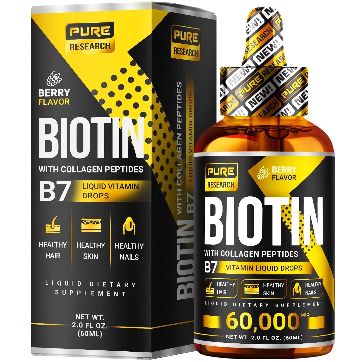 PURE RESEARCH Liquid Biotin & Collagen Hair Growth Drops 60,000mcg – Biotin and Liquid Collagen Supplements for Women & Men – Supports Glowing Skin PURE RESEARCH Au supplements
