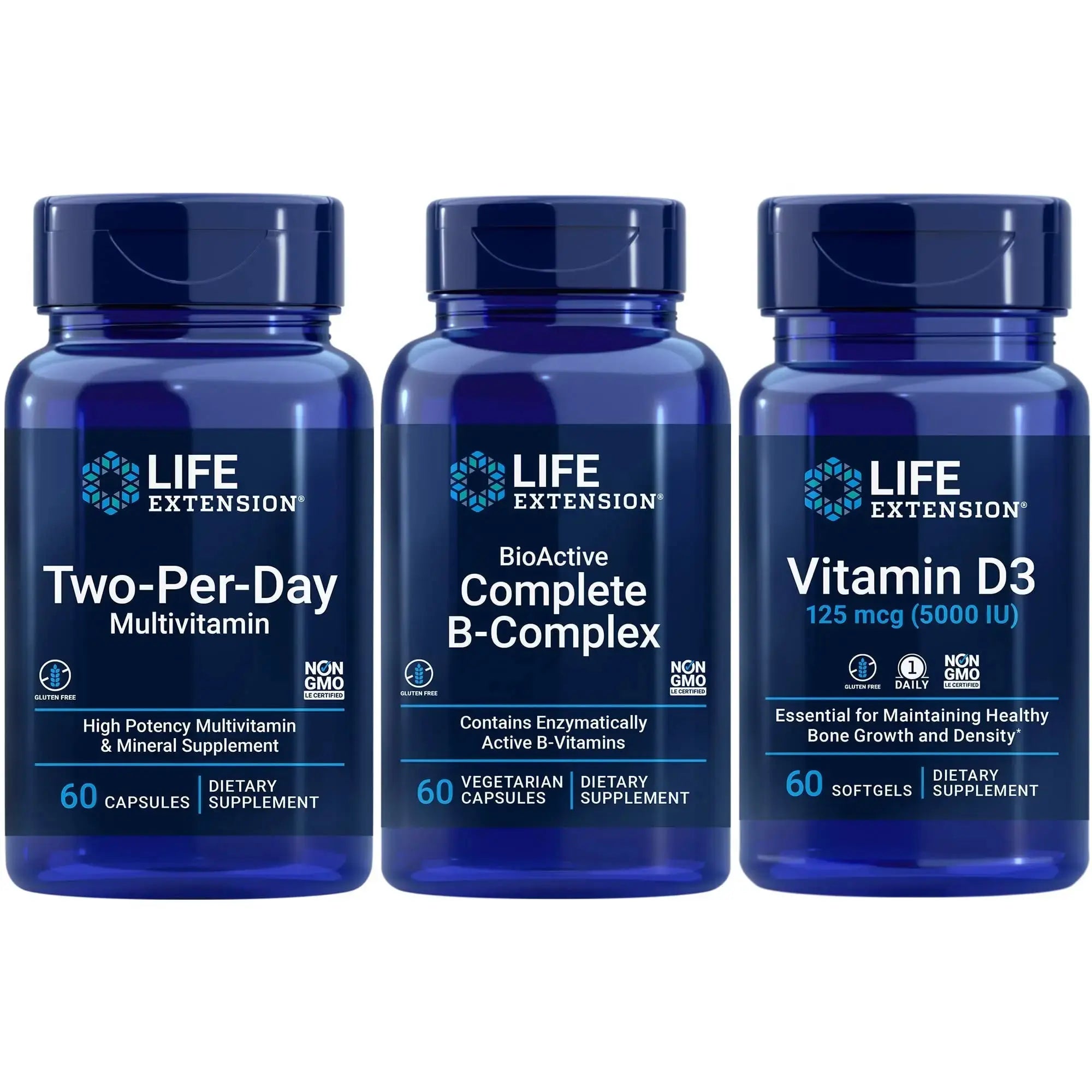 Life Extension Two-Per-Day Multivitamin, 60 capsules | BioActive Complete B-Complex, 60 capsules | Vitamin D3 125 mcg (5000 IU), 60 softgels | Bone & immune health, energy and metabolism support Life Extension Au supplements