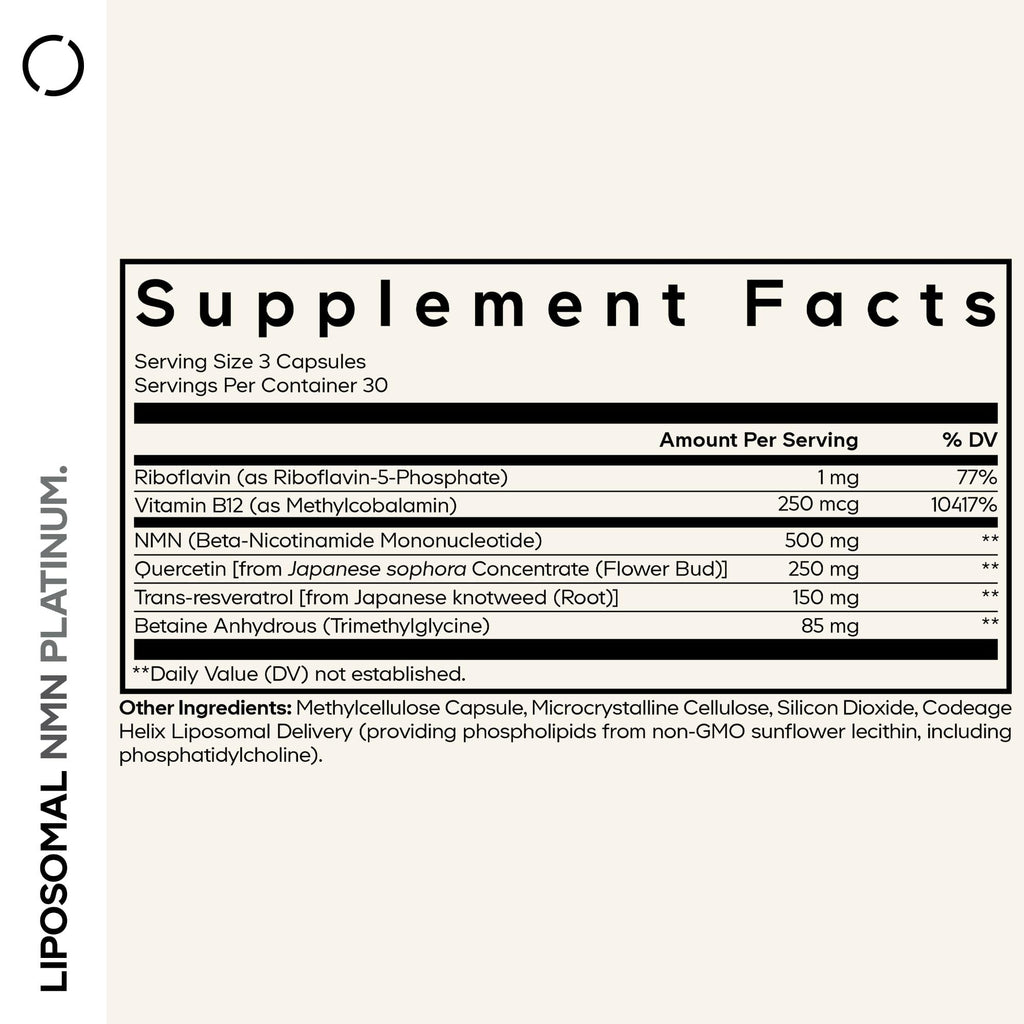 Codeage Liposomal NMN Platinum - 500 mg NMN Supplement, Nicotinamide Mononucleotide, NAD Precursor - Quercetin, Resveratrol, Betaine TMG, Vitamin B2 Riboflavin & Vitamin B12 - Non-GMO - 90 Capsules Codeage Au supplements