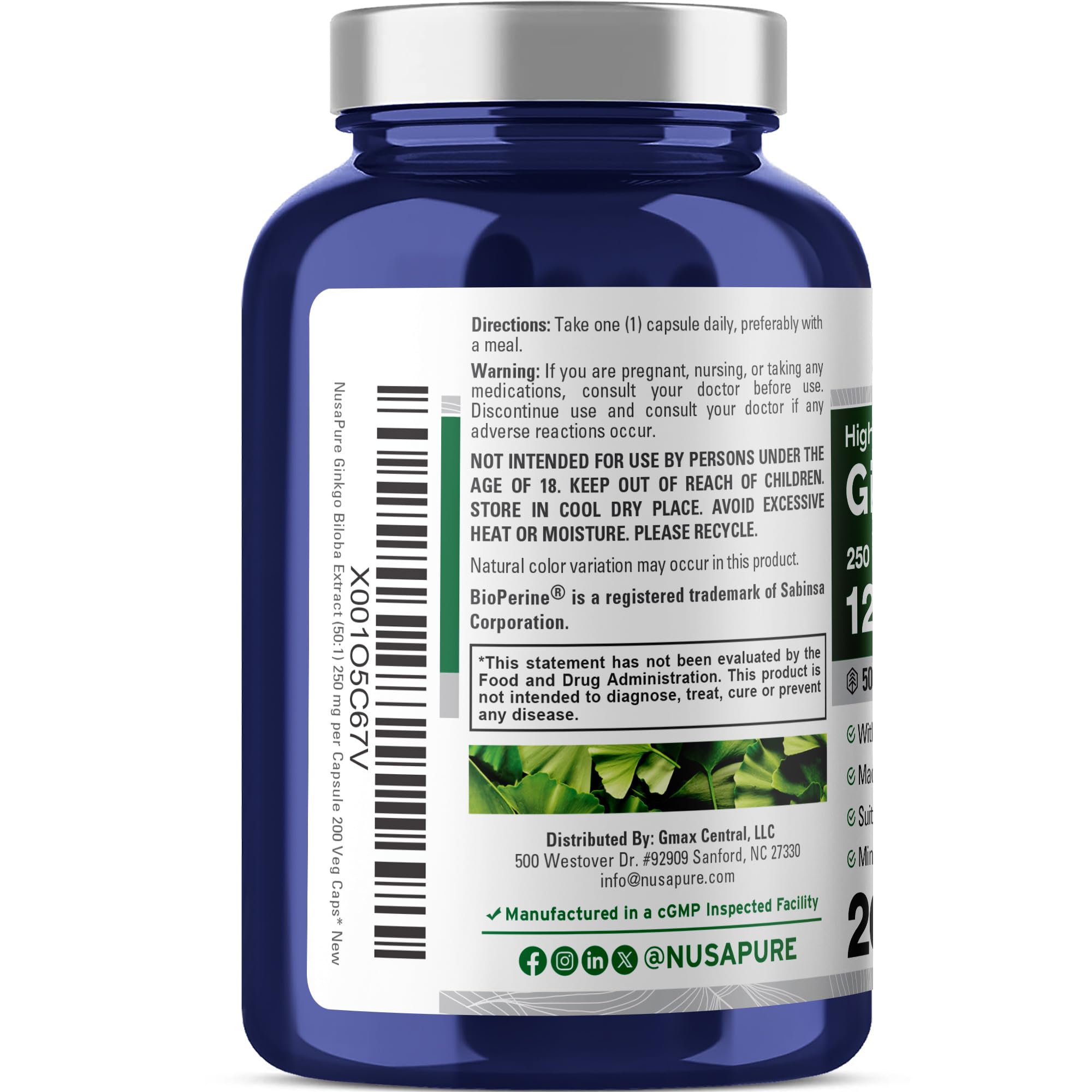 NusaPure Ginkgo Biloba 50:1 Extract, 250 mg Equivalent to 12,500 mg per Veggie Caps 200 Capsules (Vegetarian, Non-GMO, Vegan) Bioperine NusaPure Au supplements