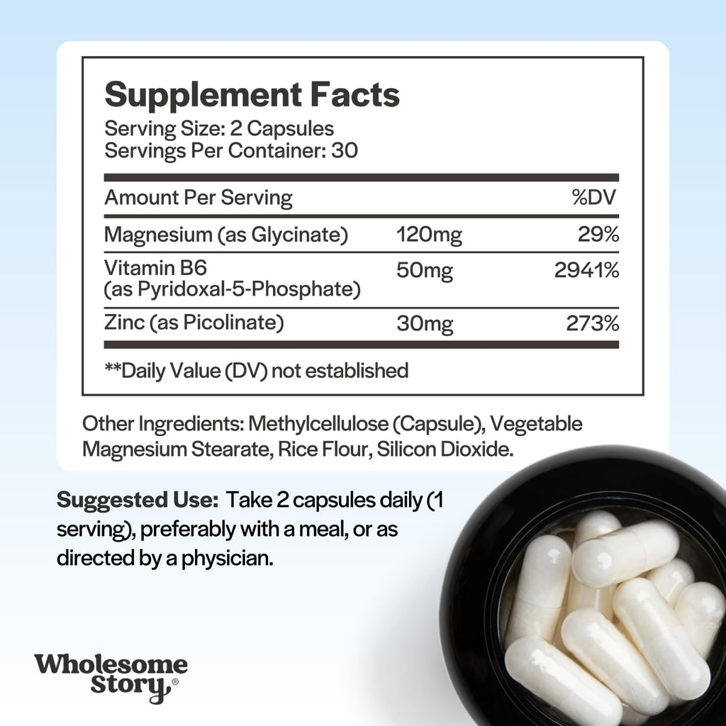 Zinc Picolinate, Magnesium Glycinate Supplements with P5P Vitamin B6 | Magnesium and Zinc Vitamin | Reproductive & Fertility Health, Hormone Balance, Immune System Support | 30 Day Supply Wholesome Story Au supplements