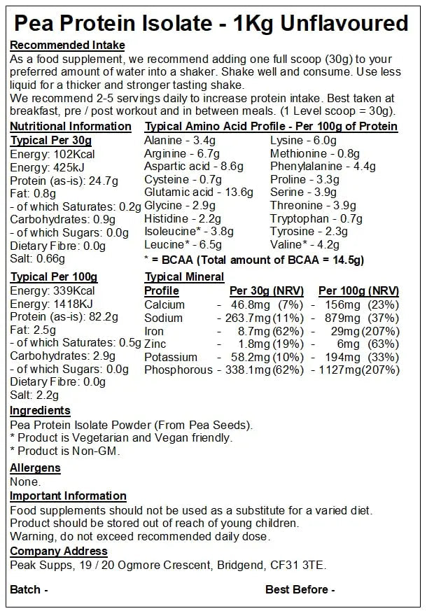 Pea Protein Isolate Powder 1kg - Packaging May Vary (Unflavoured) Peak Supps Au supplements
