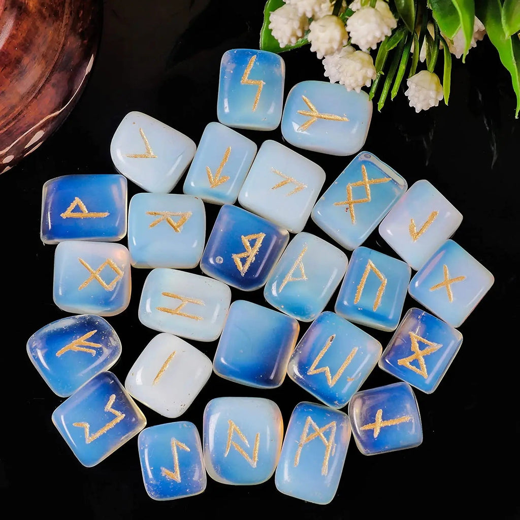 Opalite Rune Stone - Rune Set - Engraved Elder Futhark Alphabet Symbols - Witchcraft Crystals QUIPSA Au supplements