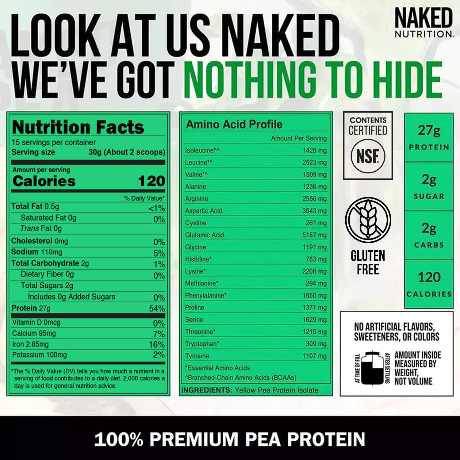 NAKED Pea - Pea Protein Isolate - Plant Based, Vegetarian & Vegan Protein. NSF Certified, Easy to Digest, Non-GMO, No Lactose