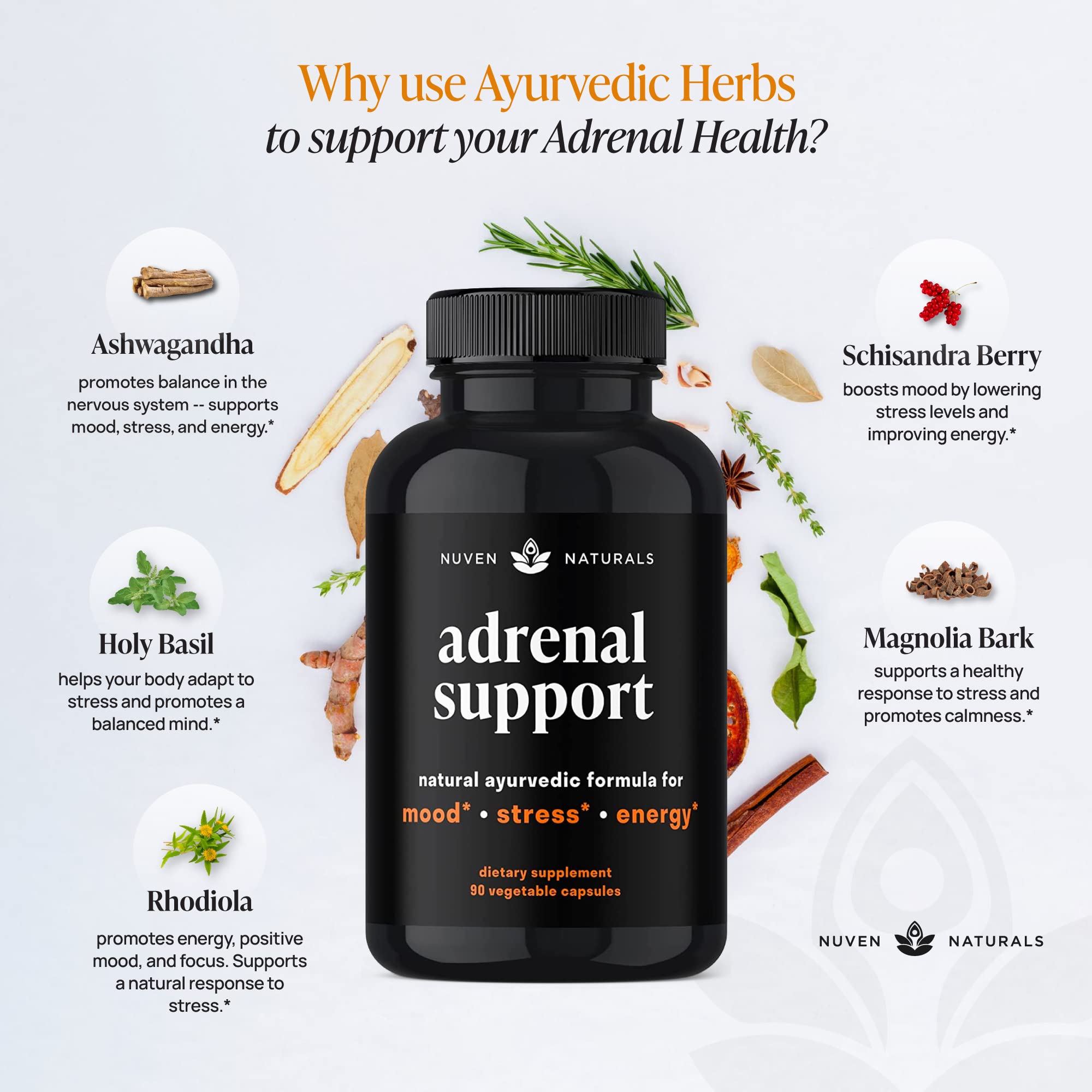 Nuven Naturals Adrenal Support - Cortisol Manager & Adrenal Support Supplements with Ashwagandha Extract, Rhodiola Rosea, Holy Basil to Help Stress, Fatigue & Energy | Adaptogens | 90 Capsules Nuven Naturals Au supplements
