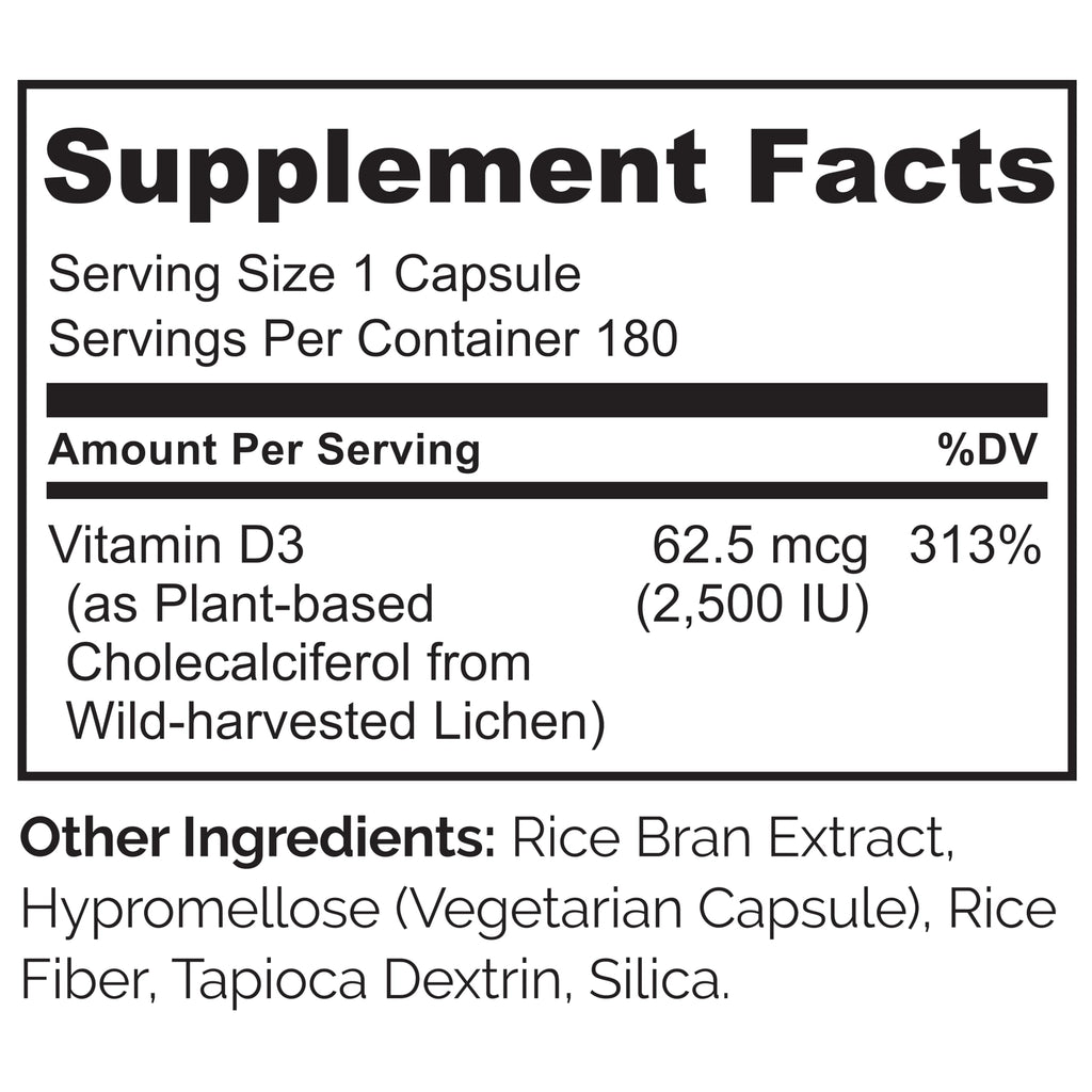 NATURELO Vitamin D - 2500 IU - Plant Based from Lichen - Natural D3 Supplement for Immune System, Bone Support, Joint Health - Vegan