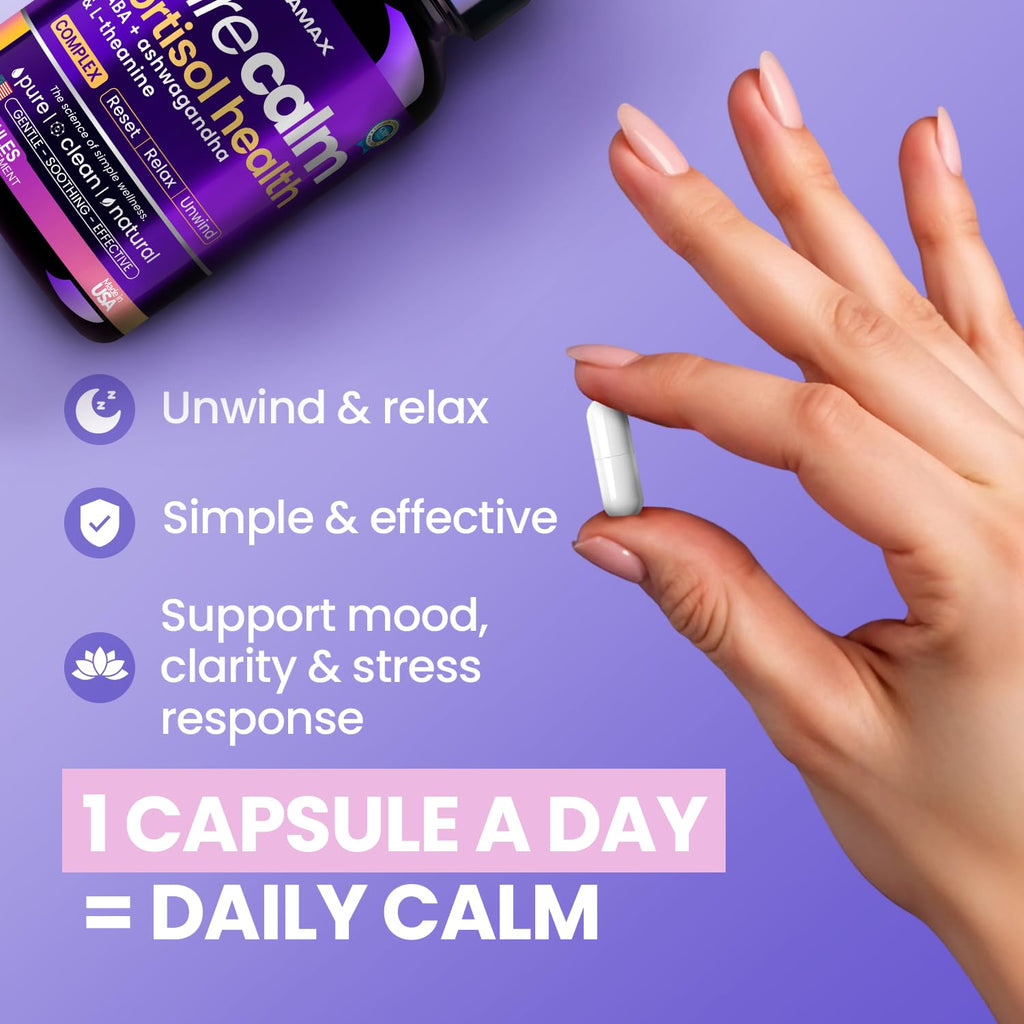 Vitamax Pure Calm Cortisol Supplements for Women - L Theanine, Ashwagandha, GABA for Relaxation, Mood & Stress Support with Ginkgo Biloba, Bacopa Monnieri, 5-HTP – Non-GMO, Made in USA – 60ct Vitamax Au supplements