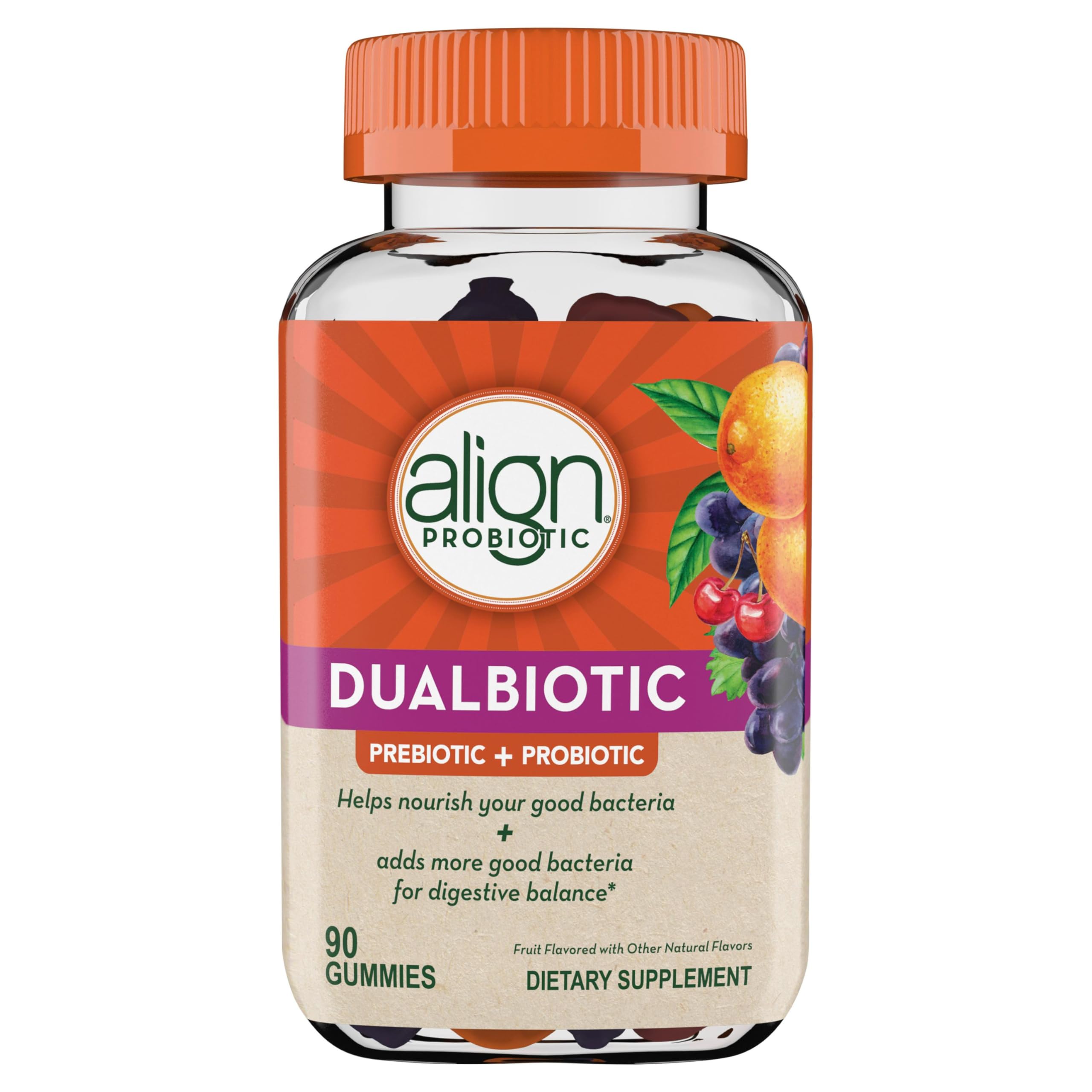 Align Dualbiotic, Prebiotics and Probiotics for Women and Men, Probiotics for Digestive Health, Prebiotics Help Nourish Good Bacteria, Natural Fruit Flavors, 90 Probiotic Gummies Align Au supplements
