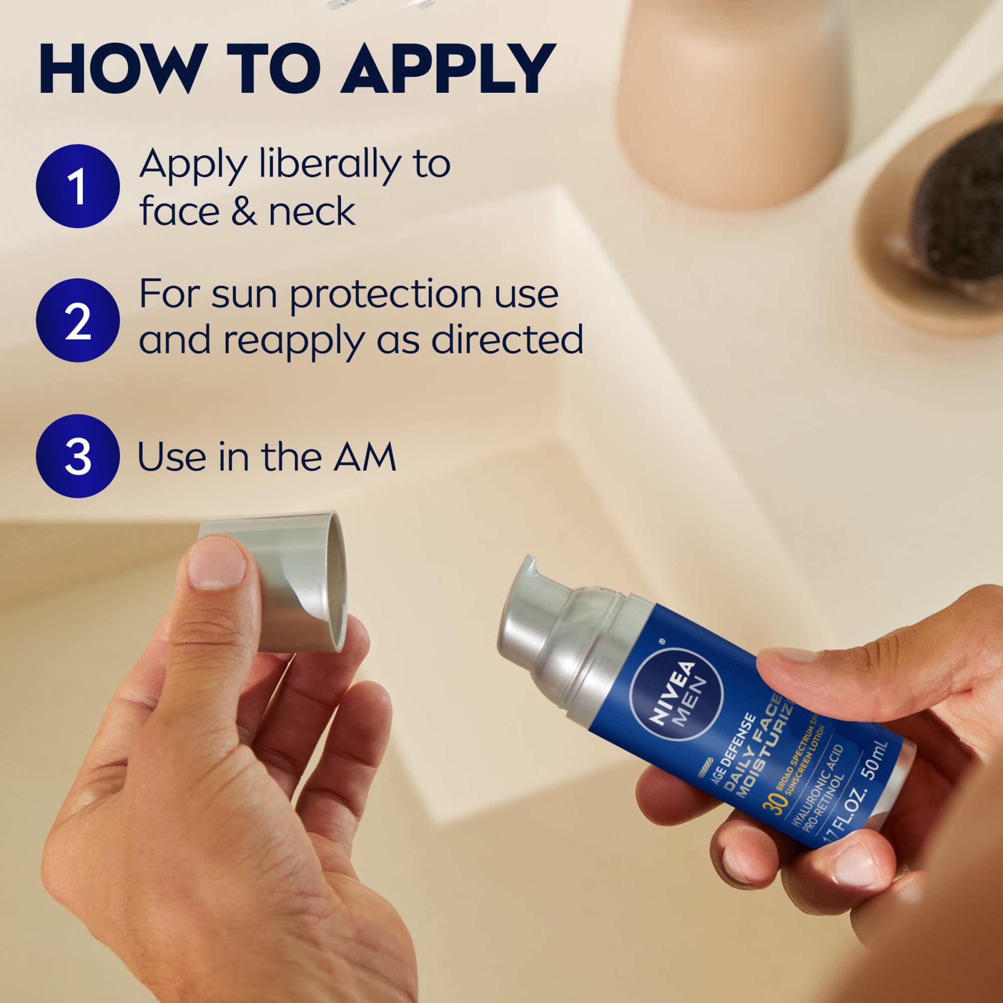 NIVEA MEN Age Defense Daily Face Moisturizer with Broad Spectrum SPF 30 Sunscreen, Pro-Retinol and Hyaluronic Acid, Beard-Friendly