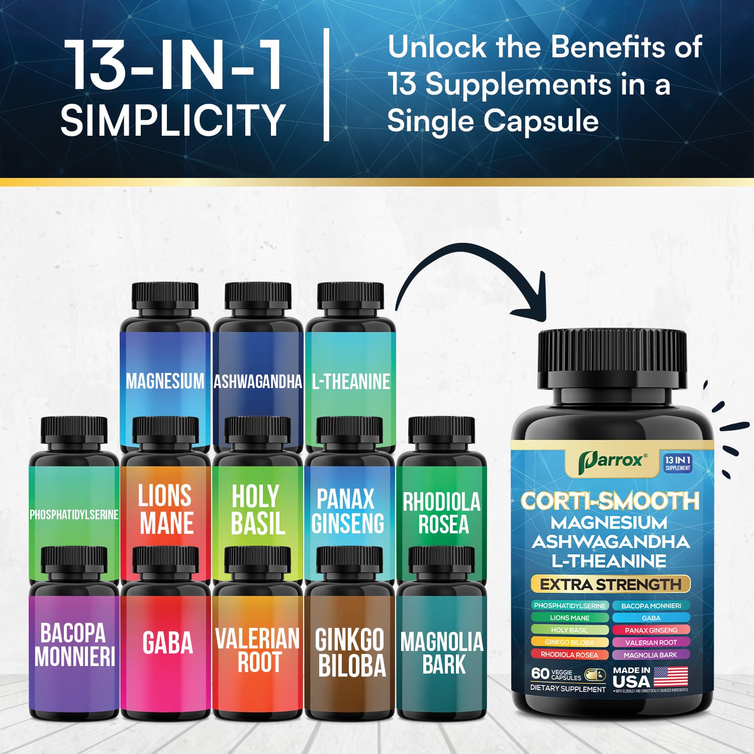 Parrox Corti-Smooth Cortisol Supplement Magnesium, L-Theanine, Ashwagandha, Phosphatidylserine, Valerian Root, Lions Mane, Bacopa Monnieri, Ginkgo Biloba, Panax Ginseng, Magnolia Bark, GABA (60 Caps) Parrox Au supplements