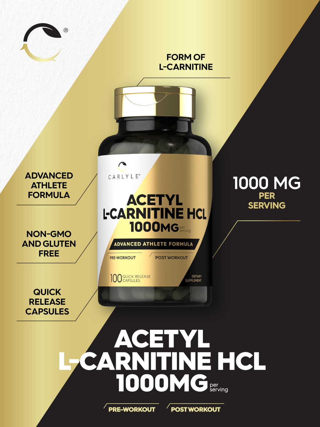 Carlyle Acetyl L-Carnitine HCL | 1000mg | 100 Capsules | Advanced Athlete Formula | Pre-Workout Supplement | Non-GMO & Gluten Free