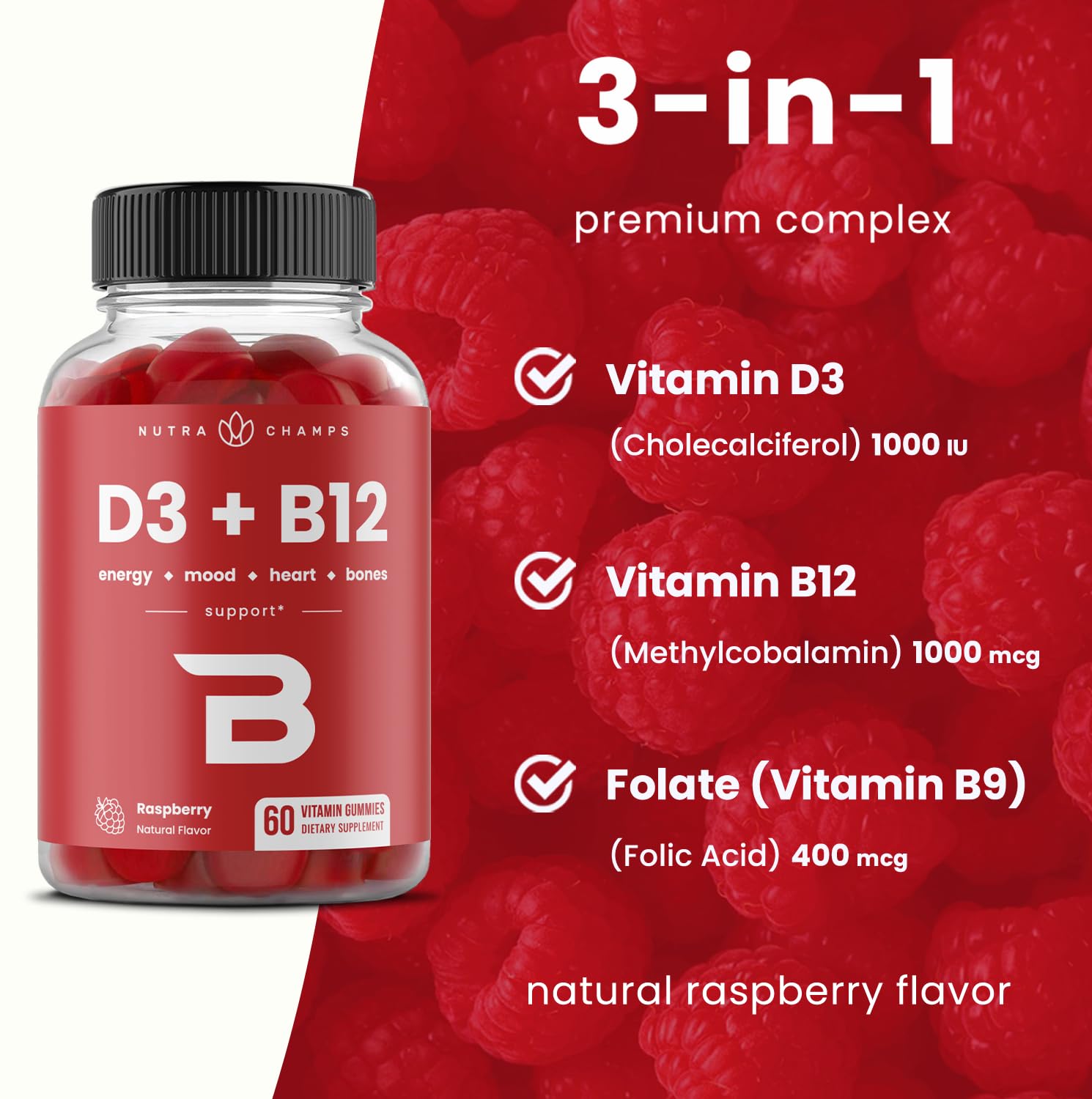 NutraChamps Vitamin D3 & B12, Methyl B12 Gummies for Adults & Kids, Enhanced with Vitamin D 3 & B9 Vitamin Folate, Natural Energy, Mood