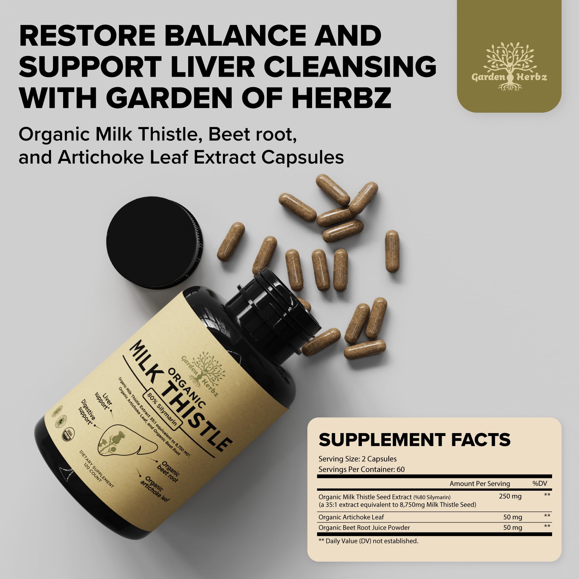 Garden of Herbz USDA Organic Milk Thistle Liver Detox Supplement 80% Silymarin, 250 mg with Beet Root & Artichoke Extract for Liver Support & Digestion,