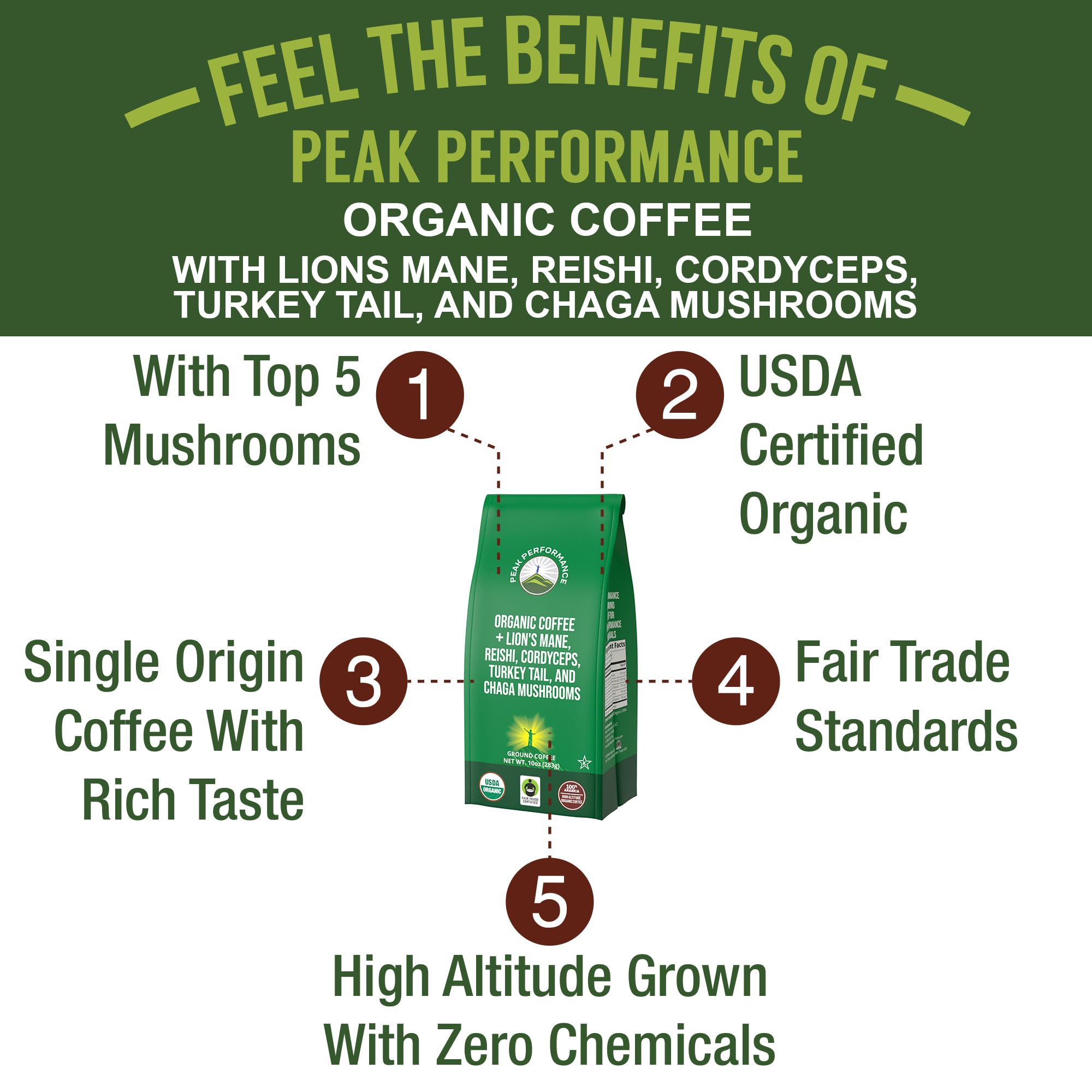 Organic Low Acid Mushroom Coffee with Lion's Mane, Reishi, Cordyceps, Turkey Tail, and Chaga Mushrooms - Great Tasting Premium High Altitude Medium Roast Ground Bags 10 oz by Peak Performance Peak Performance Au supplements