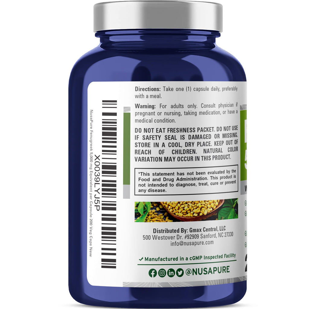 NusaPure Fenugreek Capsules, 50:1 Extract, 100 mg Equivalent to 5,000mg, 200 Veggie Caps, Non-GMO, Vegan NusaPure Au supplements