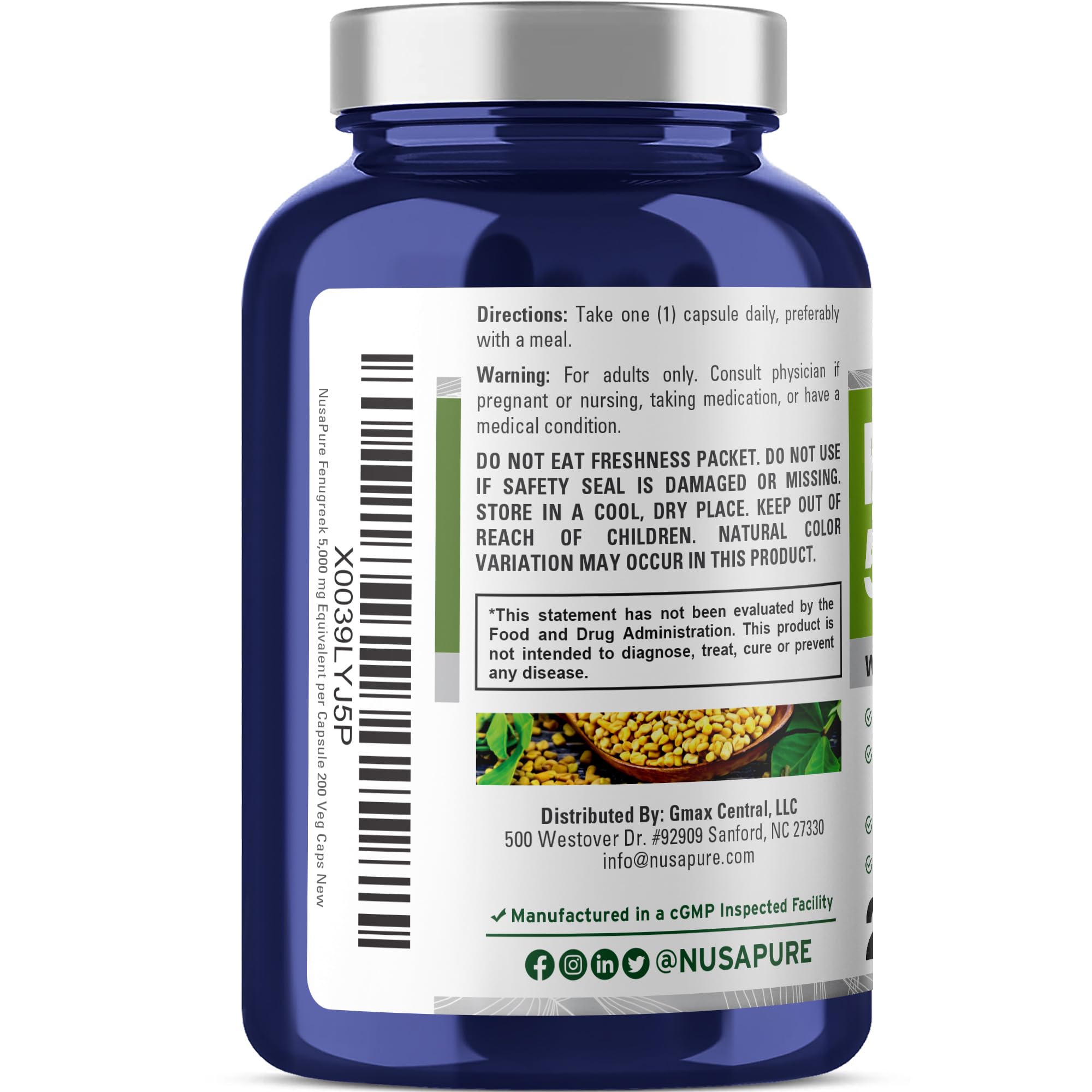 NusaPure Fenugreek Capsules, 50:1 Extract, 100 mg Equivalent to 5,000mg, 200 Veggie Caps, Non-GMO, Vegan NusaPure Au supplements