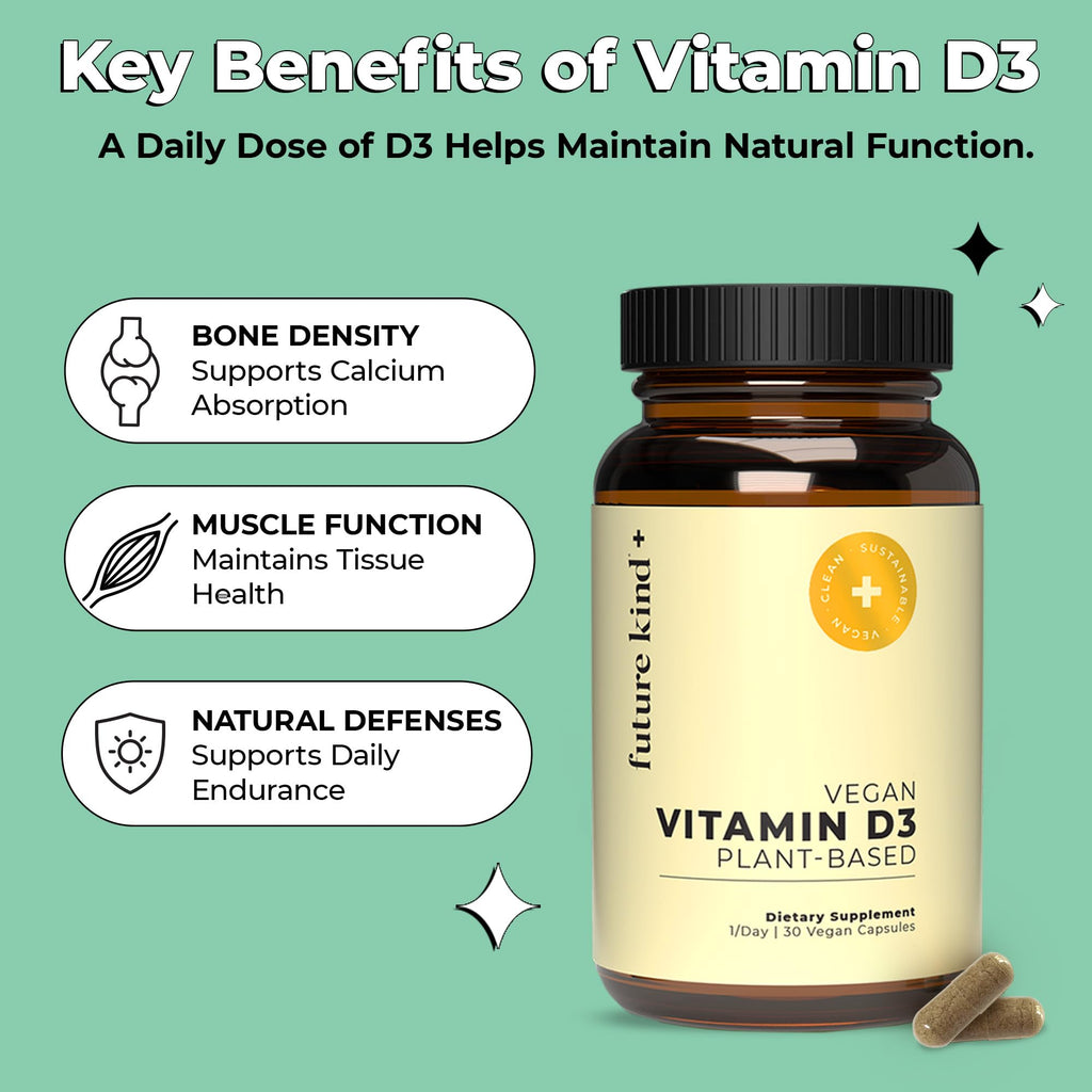 Future Kind Vitamin D3 2500 IU for Bone and Muscle Function, Vitamin D Vegan Supplement from Plant Lichen, Non-GMO, Sugar Free, Pure Vitamin D3, Promotes Natural Resilience, 30 Capsules Future Kind Au supplements