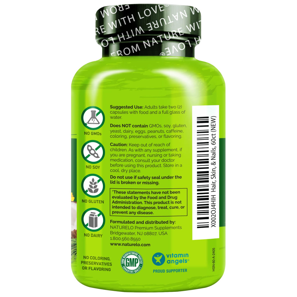 NATURELO Hair, Skin and Nails Vitamins - 5000 mcg Biotin, Collagen, Natural Vitamin E - Supplement for Healthy Skin