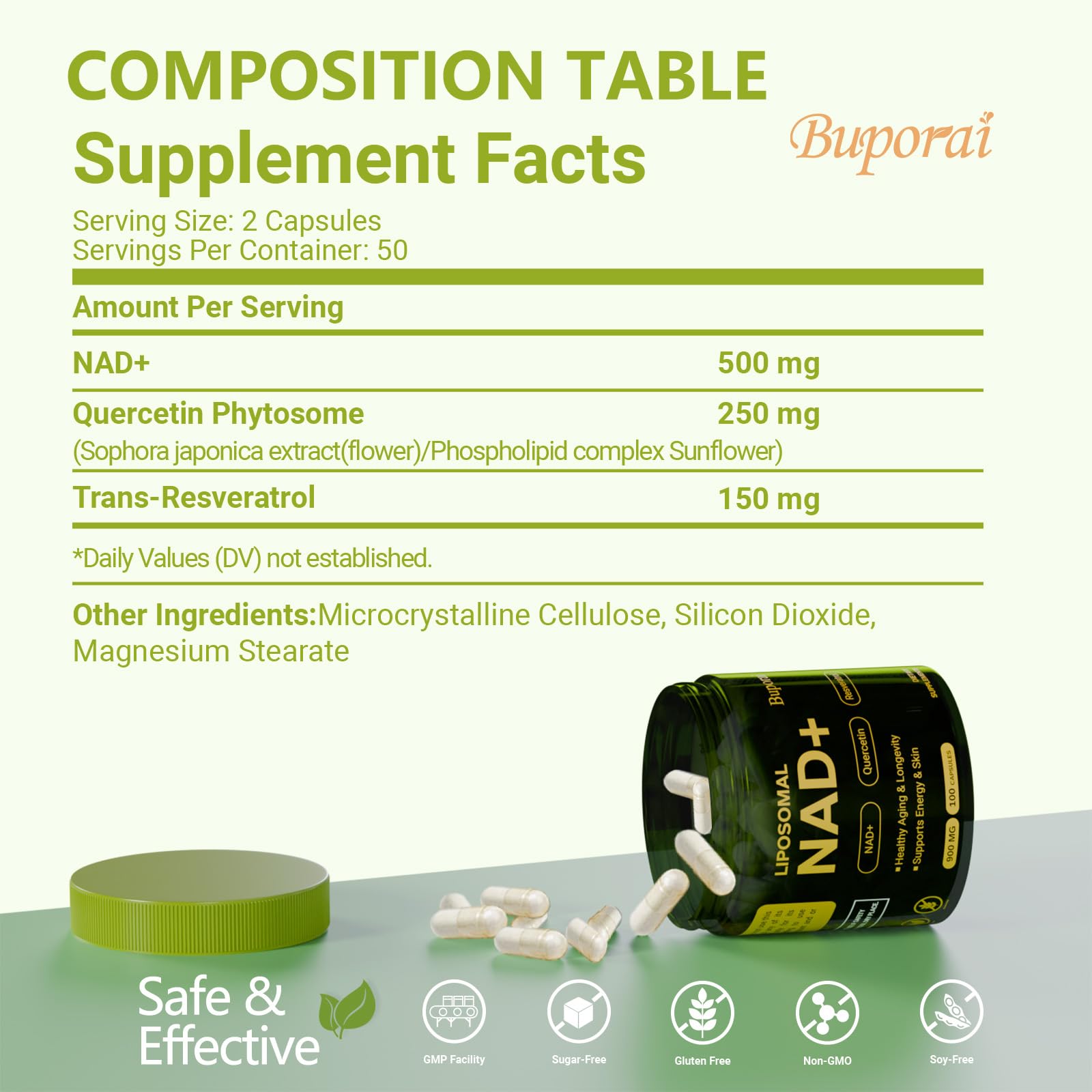 Buporai NAD Supplement 900mg with Resveratrol & Quercetin, NAD Supplement for Anti-Aging, Cellular Energy & Repair-100 Capsules Buporai Au supplements