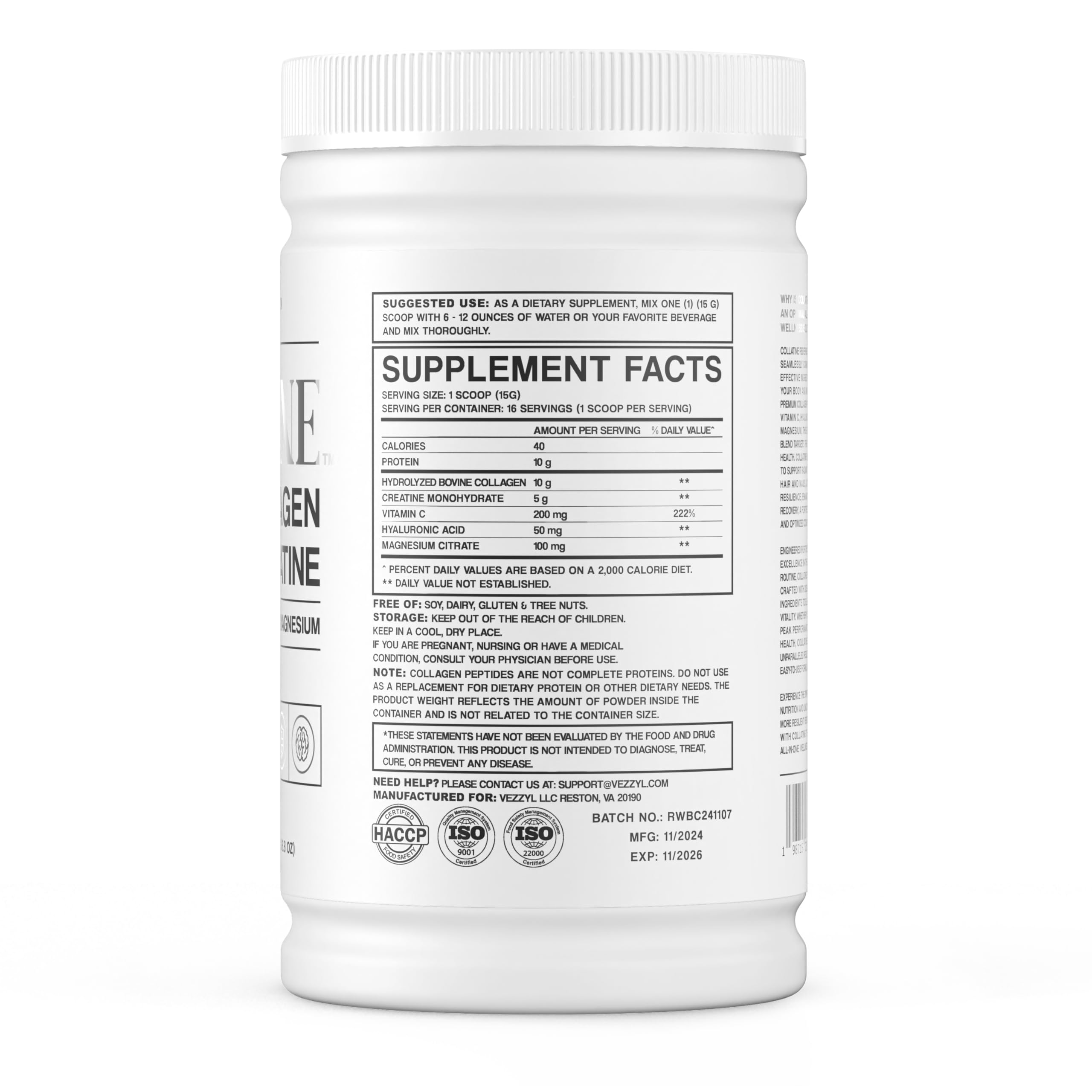 Vezzyl - Collatine - Premium Collagen Peptides + Creatine with Vitamin C, Hyaluronic Acid and Magnesium for Skin, Hair, Nails, Bone & Joint, Muscle, Immune and Cognitive Aid (.55 LB (250 G/8.8 OZ) Vezzyl Au supplements
