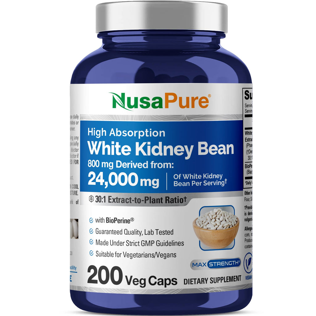 NusaPure White Kidney Beans 30:1 Extract, 800 mg Equivalent to 24,000 mg 200 Vegan Capsules - Bioperine - (Vegan, Non-GMO) NusaPure Au supplements