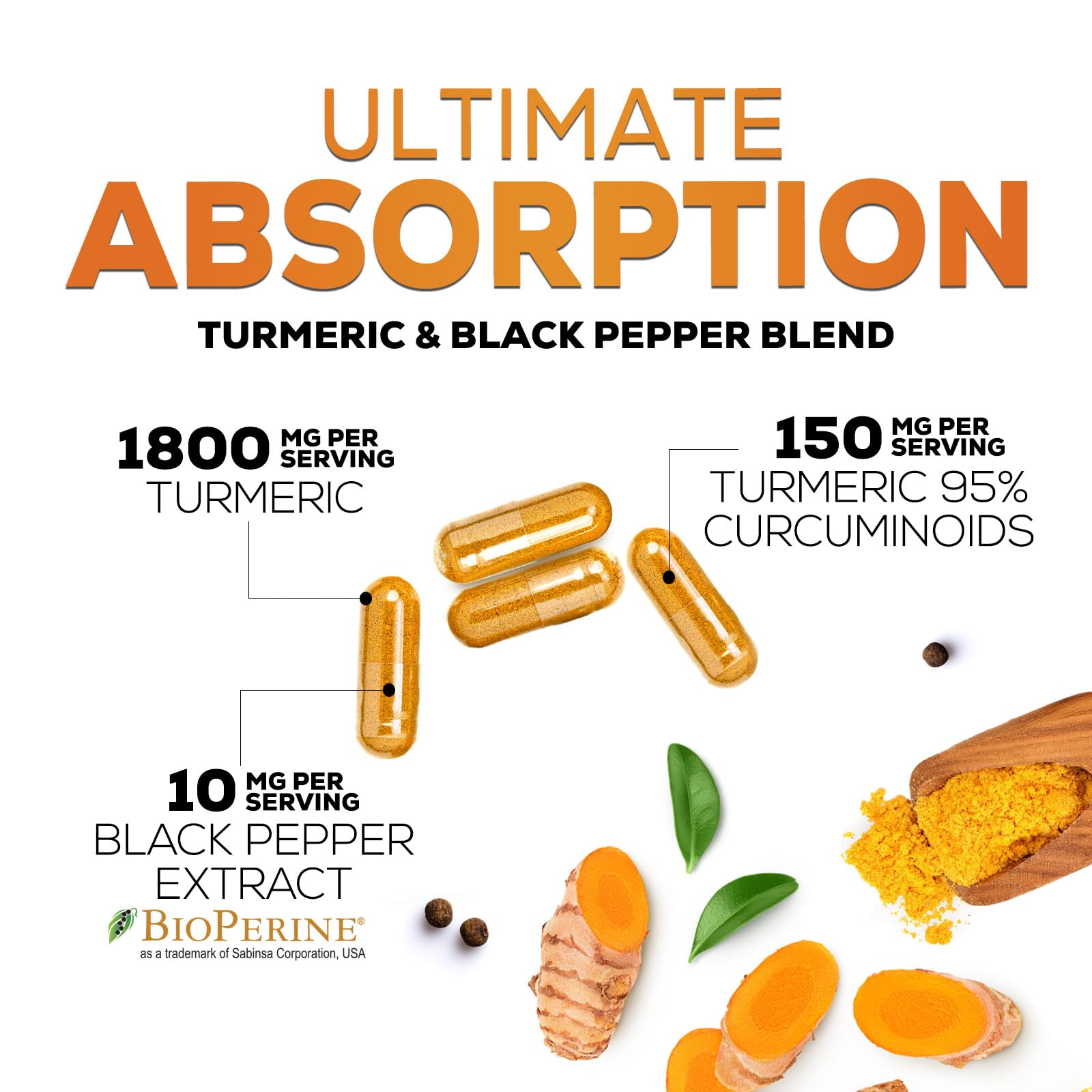 Turmeric Curcumin Supplement - 95% Curcuminoids with Organic Turmeric & BioPerine Black Pepper for Best Absorption - Daily Joint & Immune Health Support