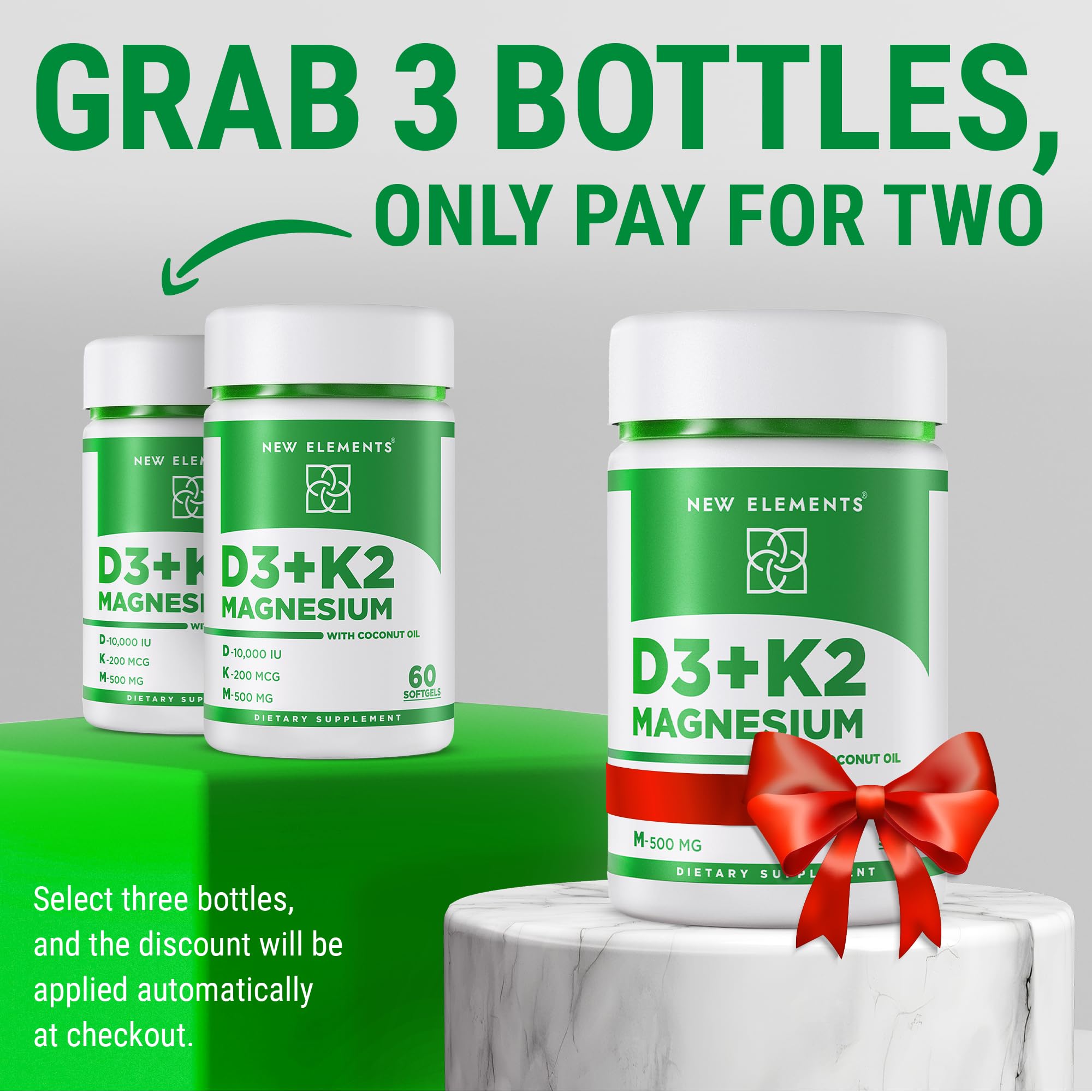 New Elements Vitamin D3 K2 10,000 IU with Magnesium Glycinate 500mg - Bone Health, Immune Support, Energy & Mood - Non-GMO, Gluten-Free