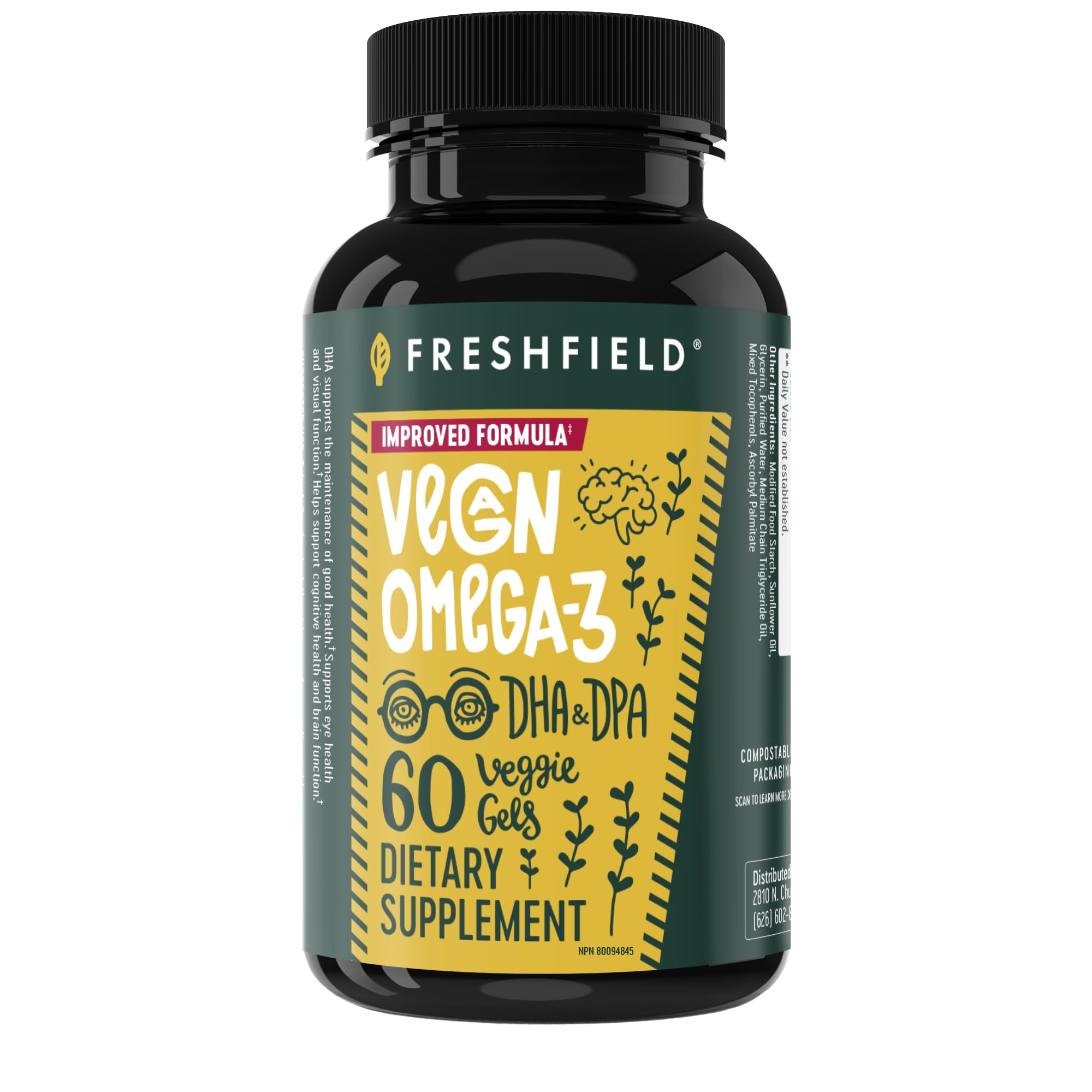 Freshfield Vegan Omega 3, Algae (Algal) Oil, Fish Oil Free Company, Third Party Tested, Carrageenan Free, DHA Supplement w/DPA