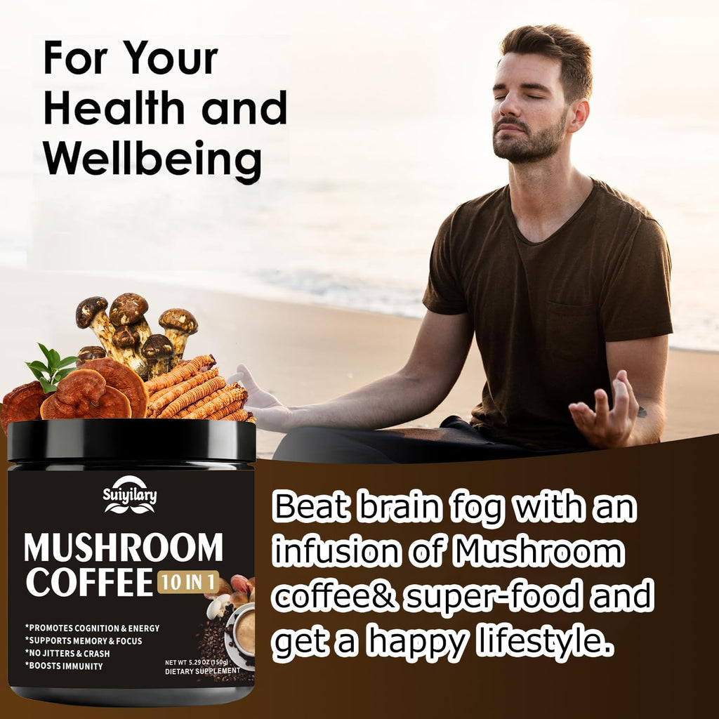 Suiyilary Mushroom Coffee, 10 Mushroom Extract Powder Blend Lion's Mane, Reishi, Chaga