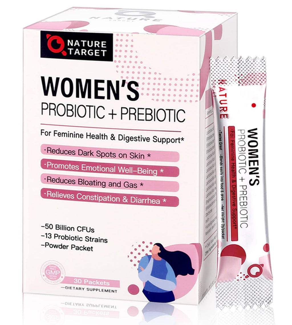NATURE TARGET Probiotics for Women Probiotic Powder - 50 Billion CFUs, 13 Strains Supports for Digestive Vaginal Health, Bloating Relief, 30 Stick Packs NATURE TARGET Au supplements