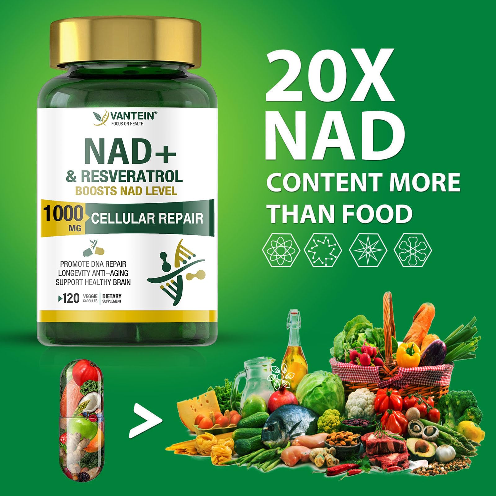 TEATTY NAD+ & Resveratrol Supplement - NMN Alternative with 120 Capsules, Anti-Aging Cellular Support, Energy & Longevity Booster, DNA Repair Formula TEATTY Au supplements