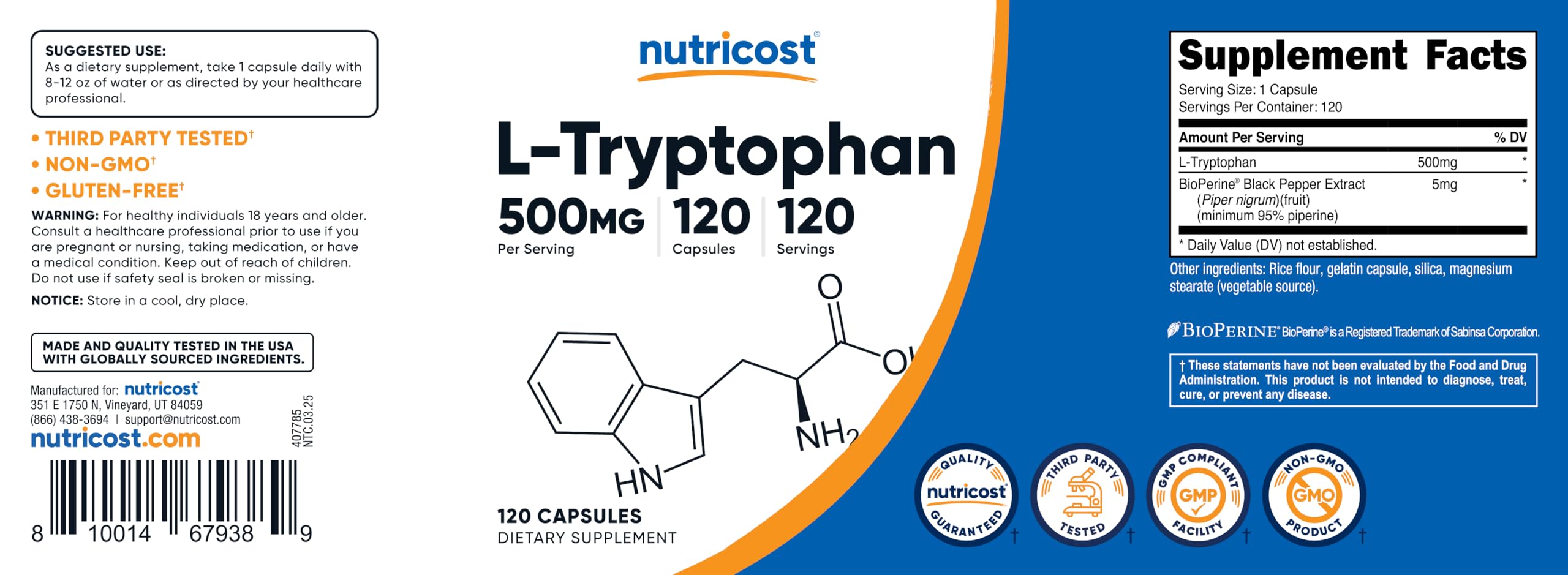 Nutricost L-Tryptophan 500mg, 120 Capsules - with BioPerine, Gluten Free, Non-GMO