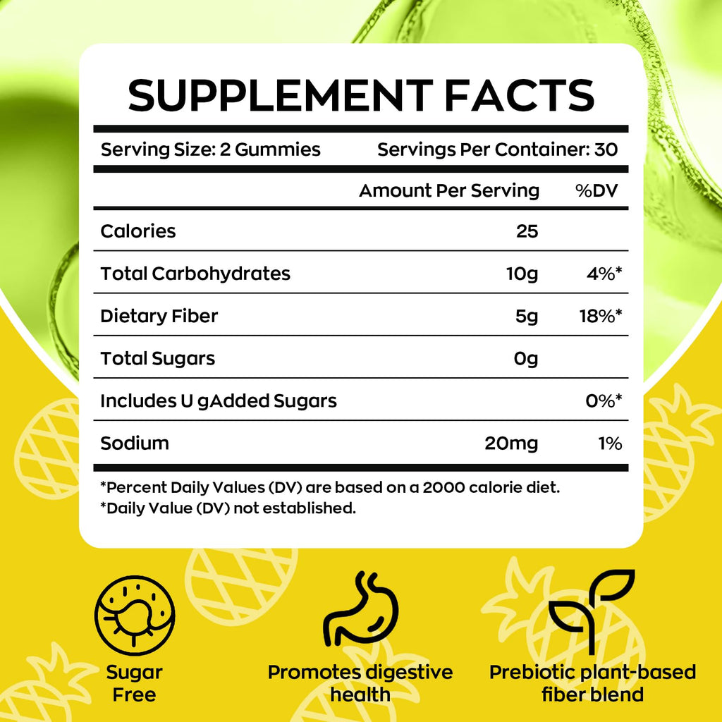 Yidout Fiber Gummies for Adults with Probiotics，No Sugar Added Pineapple Flavor, Promotes Gut Health and Regulate Bowel Movement, Vegan (60 Count（Pack of 1）)