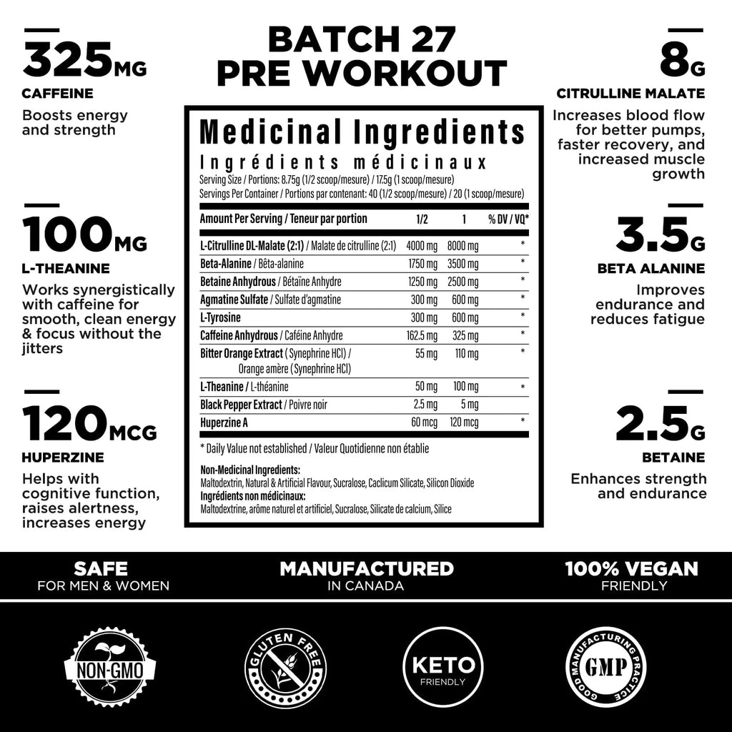 Batch 27 Pre Workout Powder - 8g Citrulline, 3.5g Beta Alanine, 2.5g Betaine, 325mg Caffeine TC Nutrition Au supplements