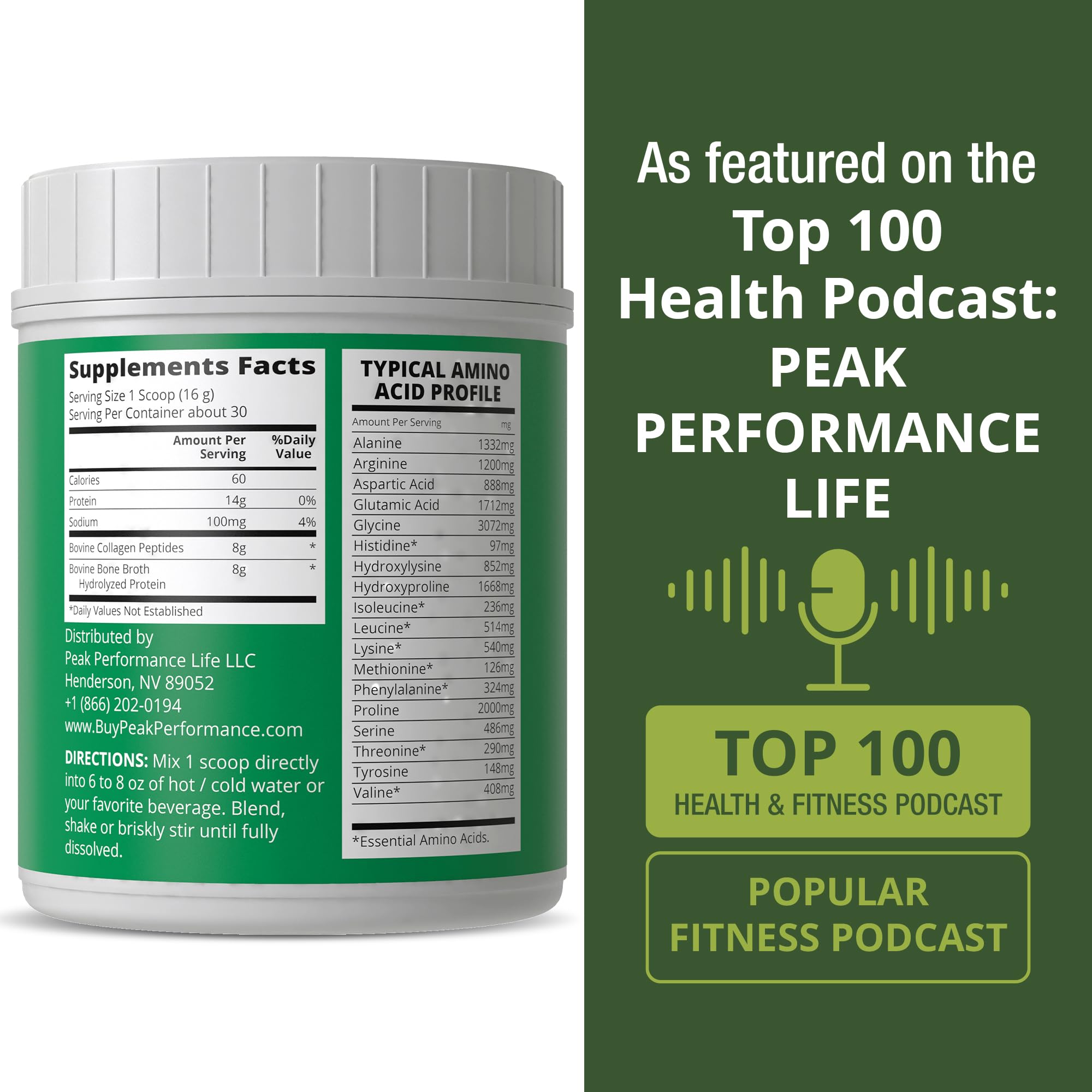 Peak Performance Hydrolyzed Bone Broth and Collagen Unflavored Protein Peptides Powder Contains All Collagen Types: 1, 2, and 3. Pure Pasture, Raised Grass Fed, Paleo Friendly, Gluten + Dairy Free Peak Performance Au supplements
