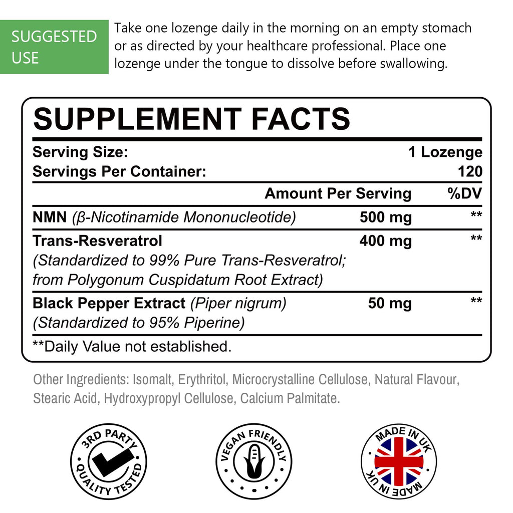 Sublingual NMN 500mg + Trans-Resveratrol 400mg, 3-in-1 Advanced Formula 99% Pure NMN Resveratrol Supplement for Boost* NAD, Cell, Immune, Energy & Muscle, Anti-Aging, 120 Lozenges (120-Day Supply) Ascuoli Au supplements