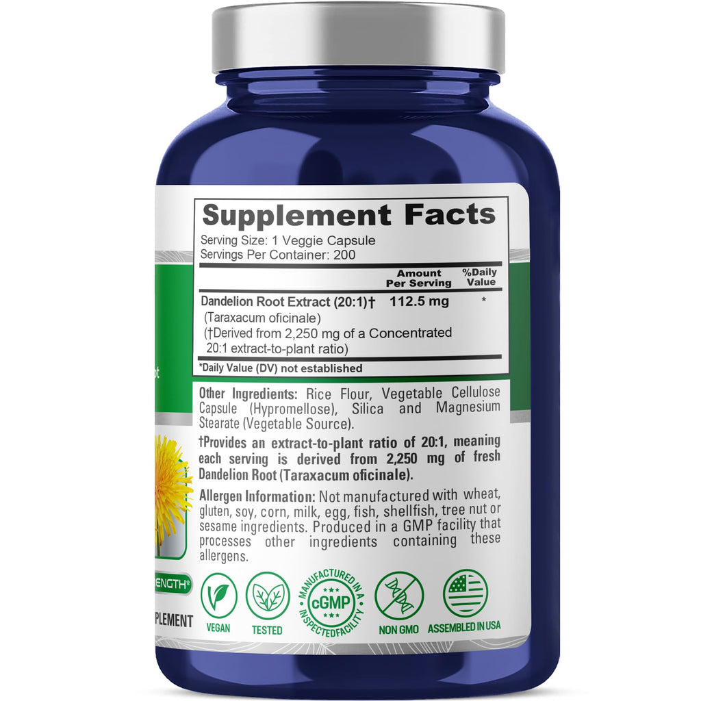 NusaPure Dandelion Root 20:1 Extract, 112.5 mg Equivalent to 2,250 mg 200 Veggie Capsules (Non-GMO, Vegan) NusaPure Au supplements