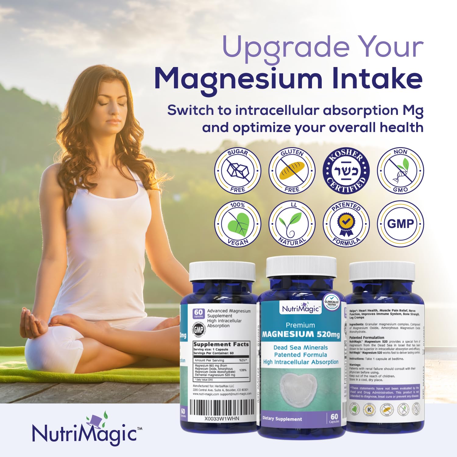 NutriMagic 520mg Patented High Absorption Elemental Magnesium from Oxide, Dead Sea Minerals Complex (1 Bottle, 2-Month Supply (60 Capsules)) NutriMagic Au supplements