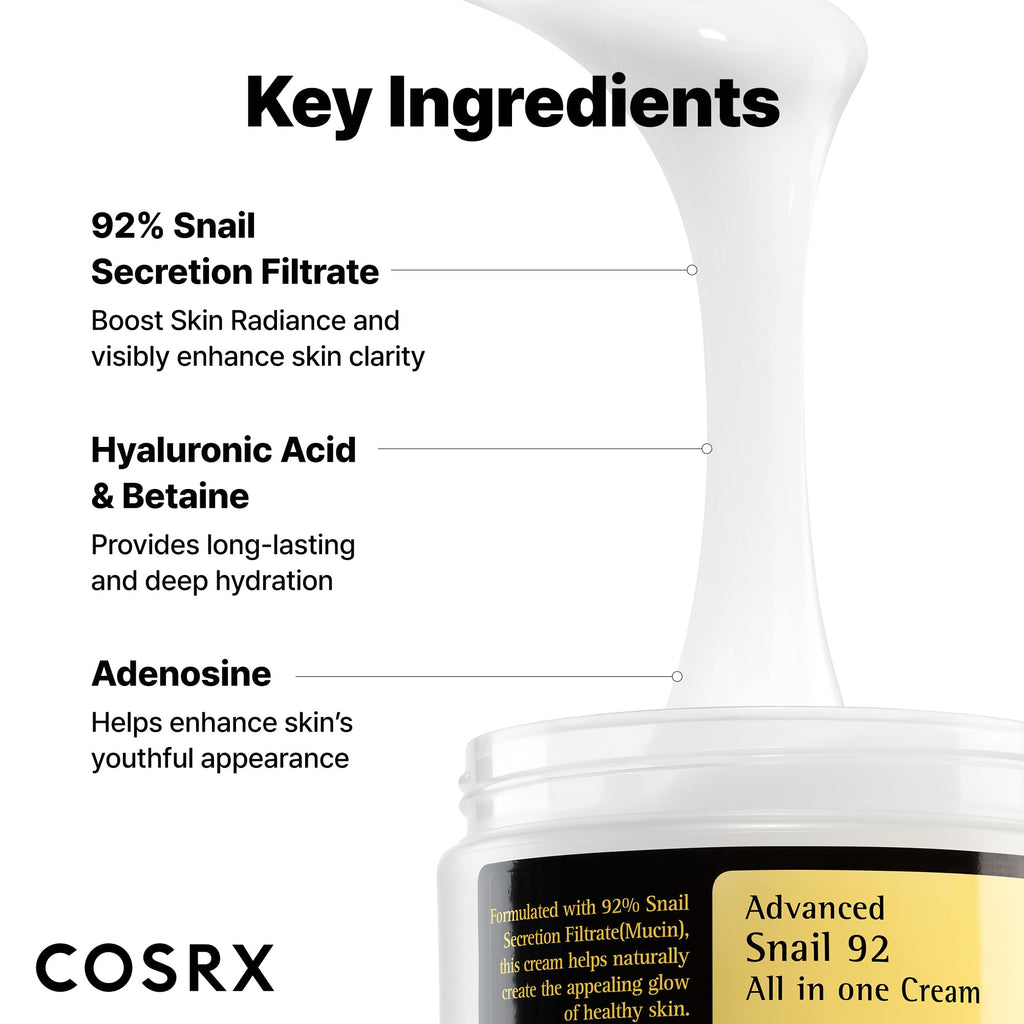 COSRX Snail Mucin 92% Face Moisturizer, 3.52 Oz, Lightweight Moisturing Cream for Soft